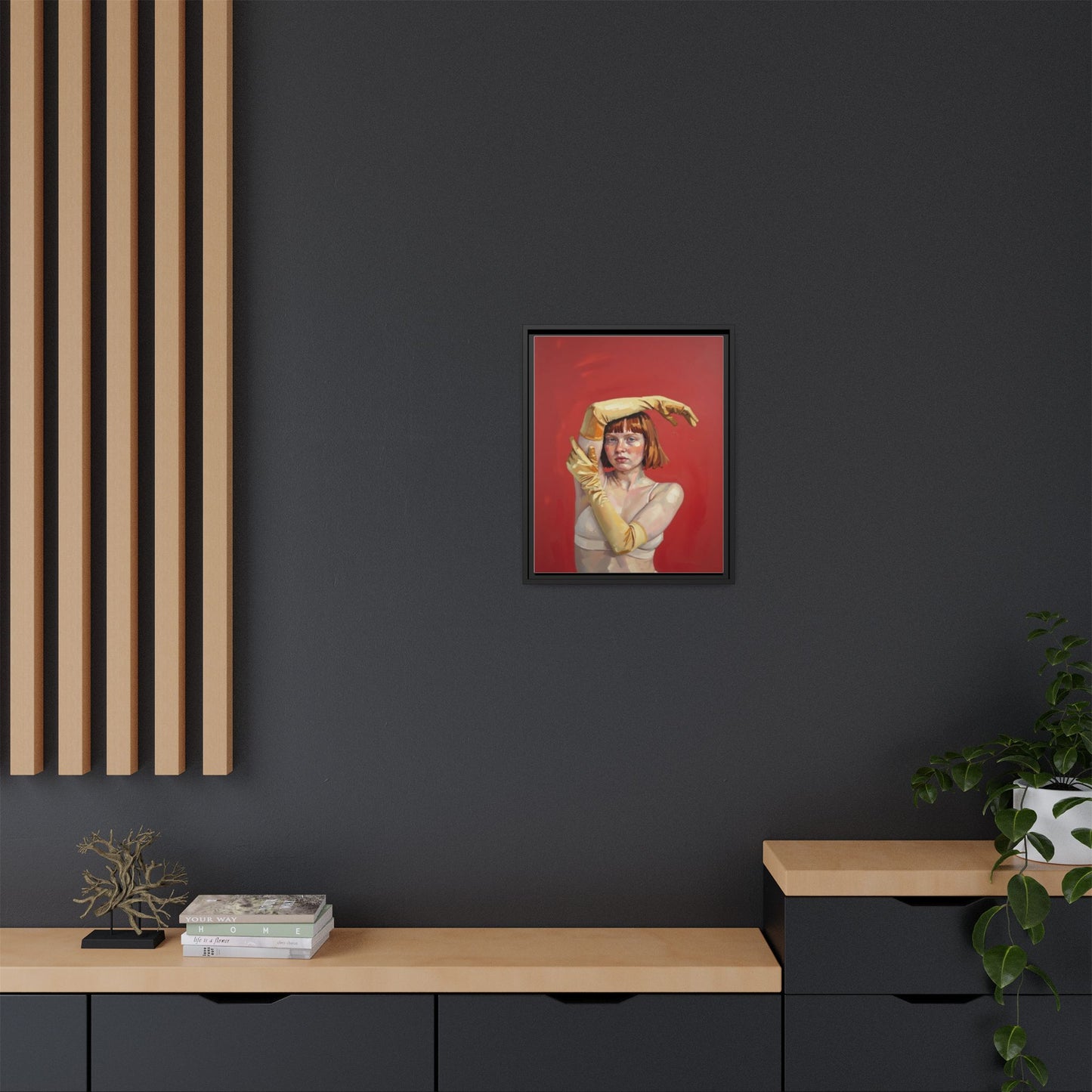 Framed Matte Canvas Art - Portrait of Woman in Yellow Gloves (Red Background)