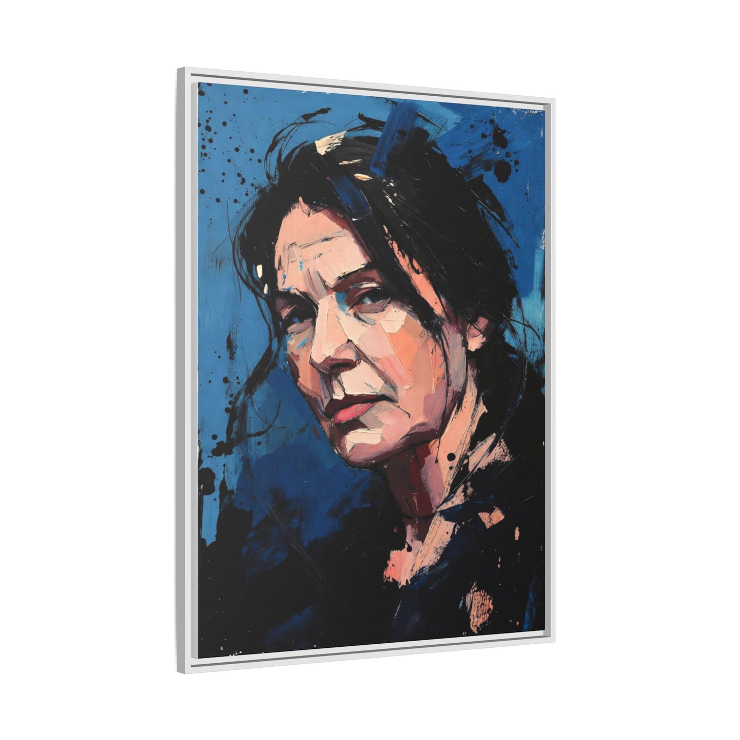 Framed Matte Canvas Portrait — Expressive Blue Painterly Woman Art