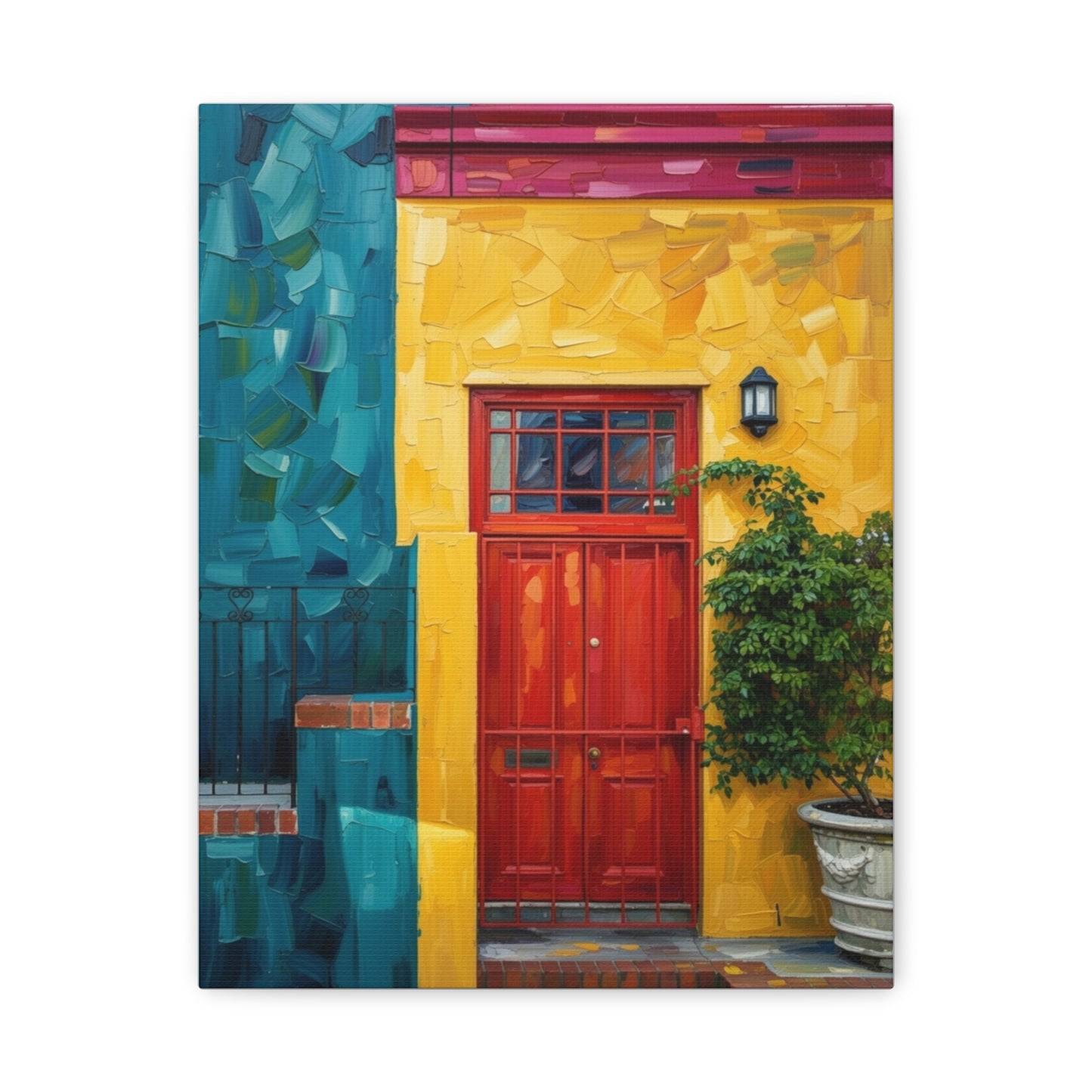 Colorful Doorway Canvas Wall Art — Vibrant Yellow & Teal Street Scene, Matte Stretched Print