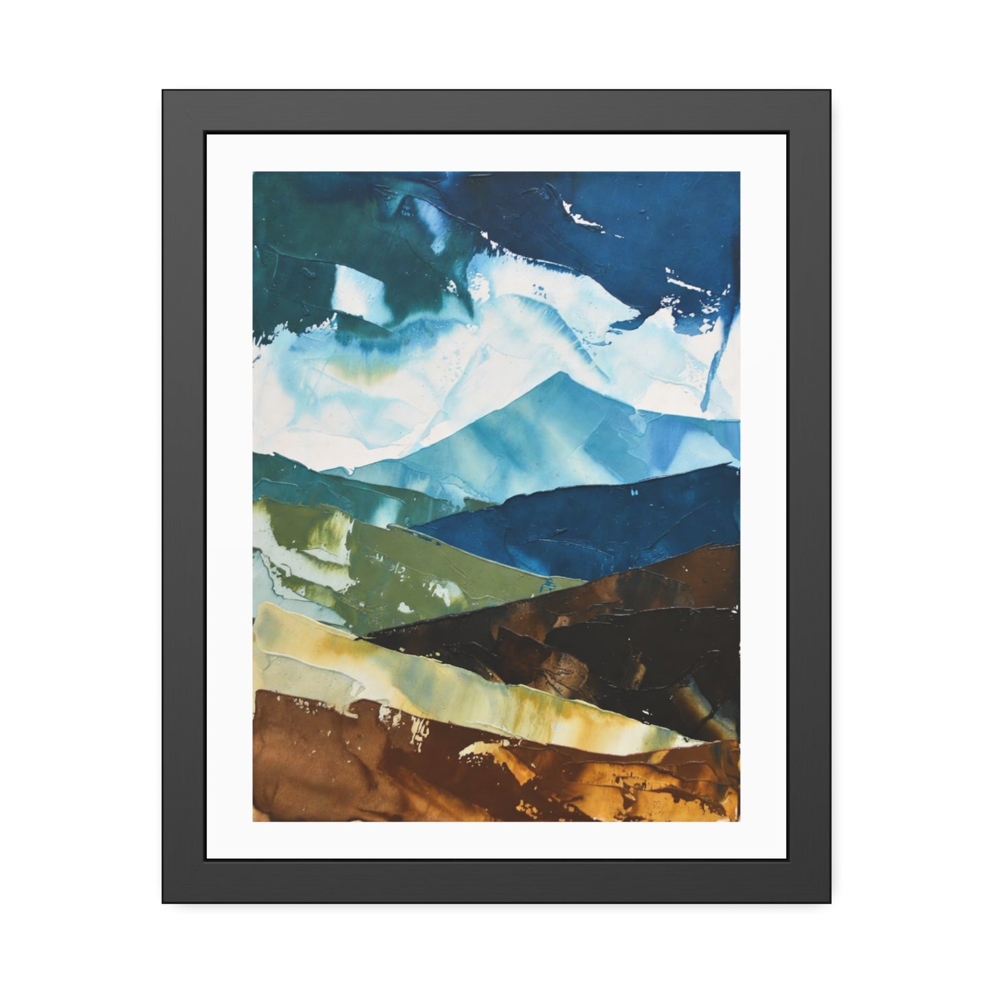 Framed Abstract Mountain Art Print – Blue & Earthtone Layered Landscape Poster