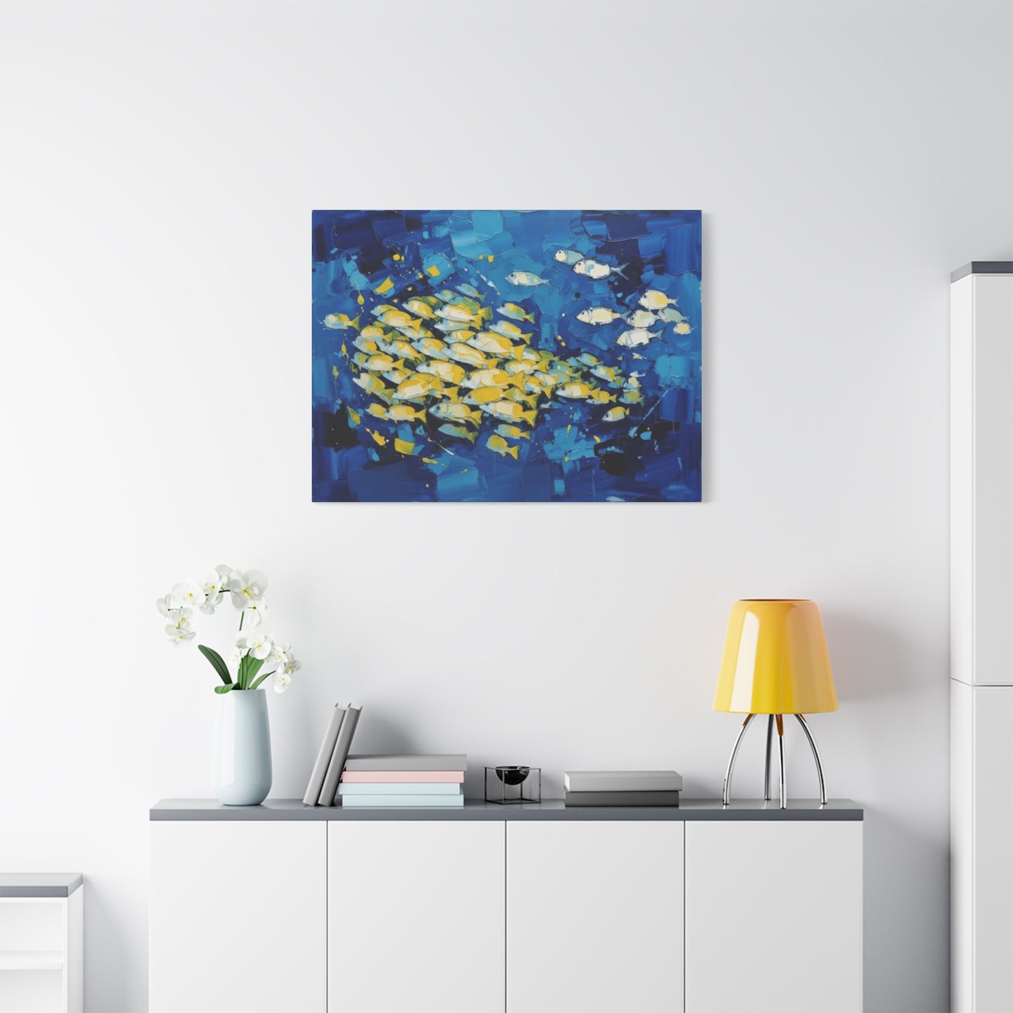 Canvas Wall Art - Blue School of Fish Matte Stretched Canvas