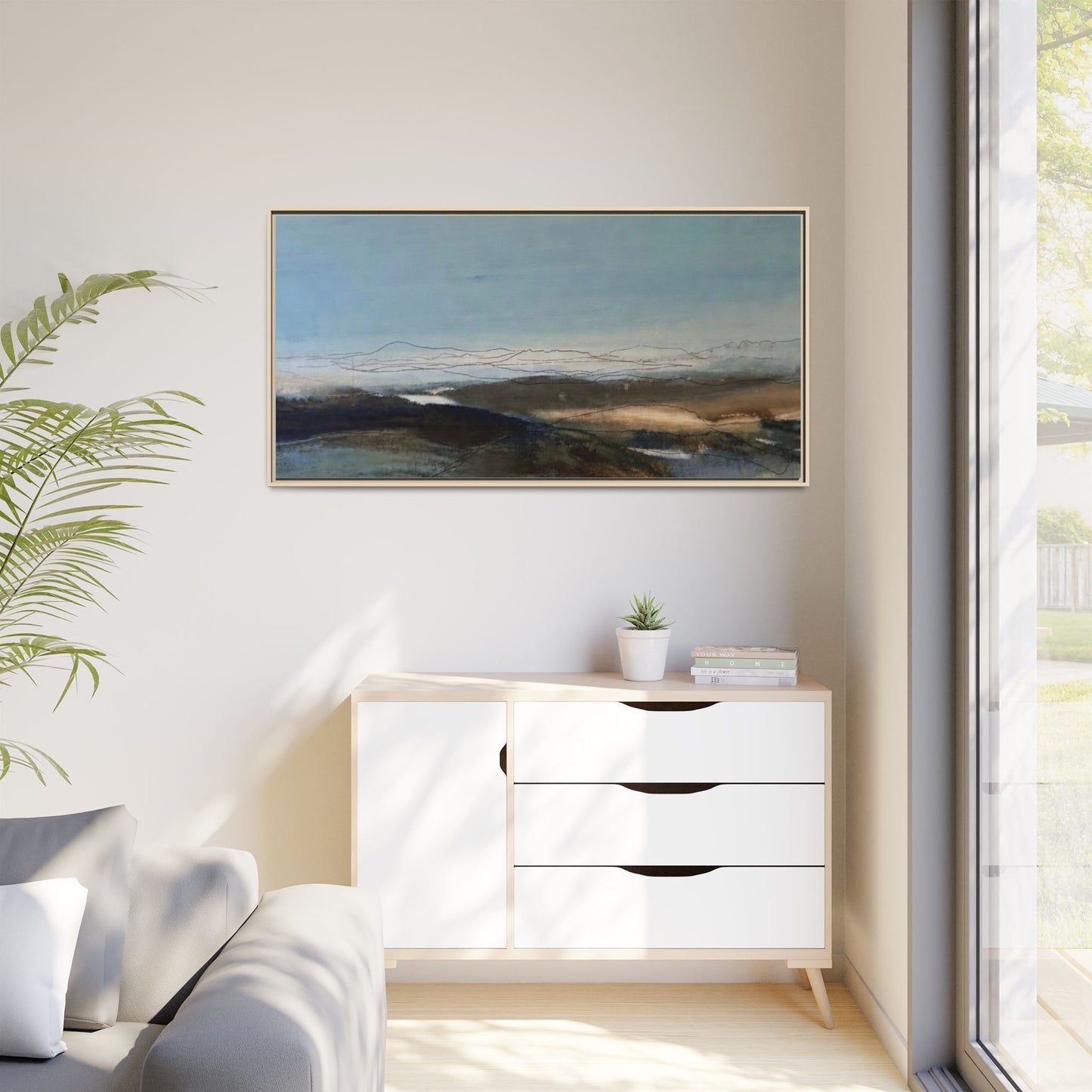 Framed Matte Canvas Wall Art — Serene Abstract Blue Landscape