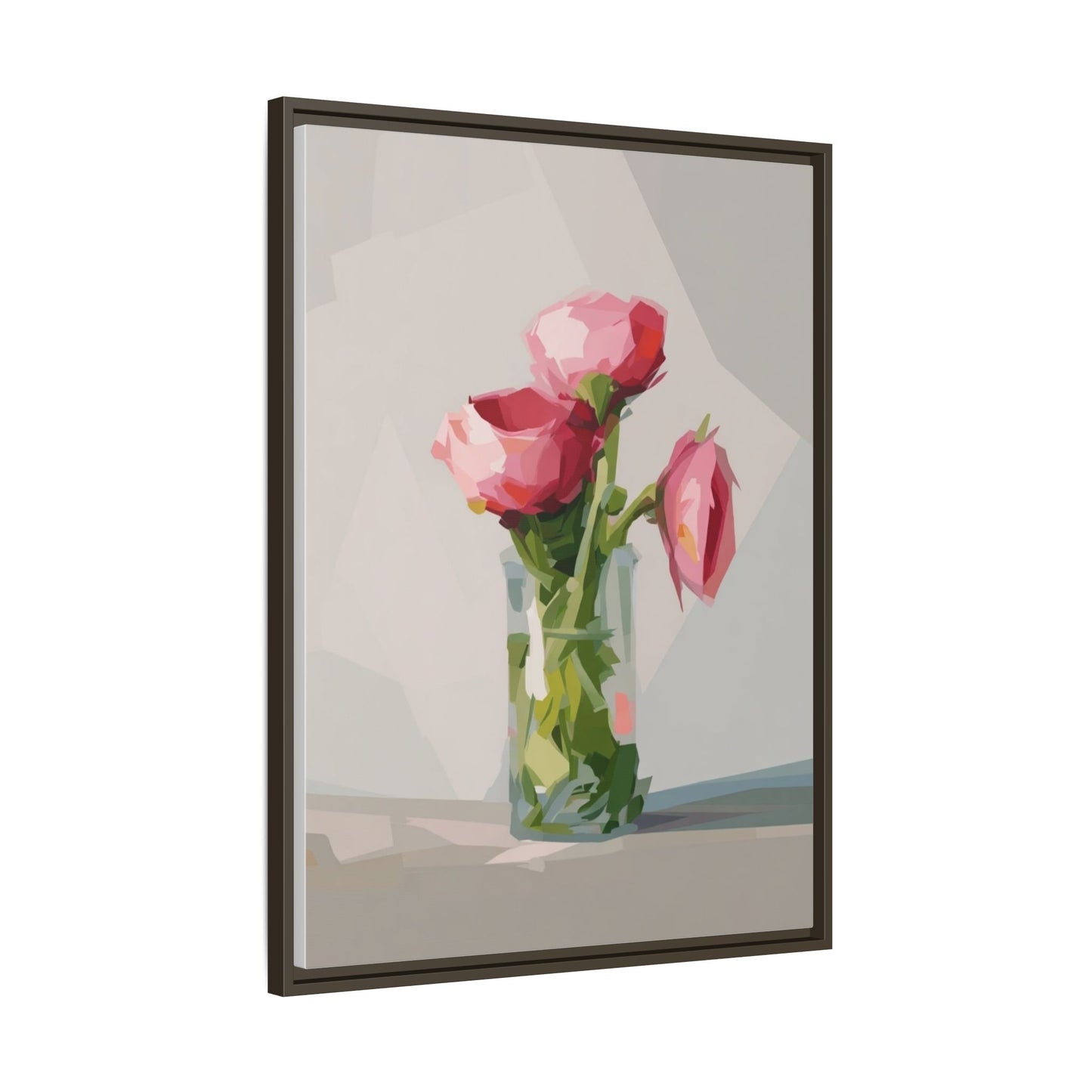 Framed Canvas Art — Pink Roses in Vase, Modern Floral Wall Print