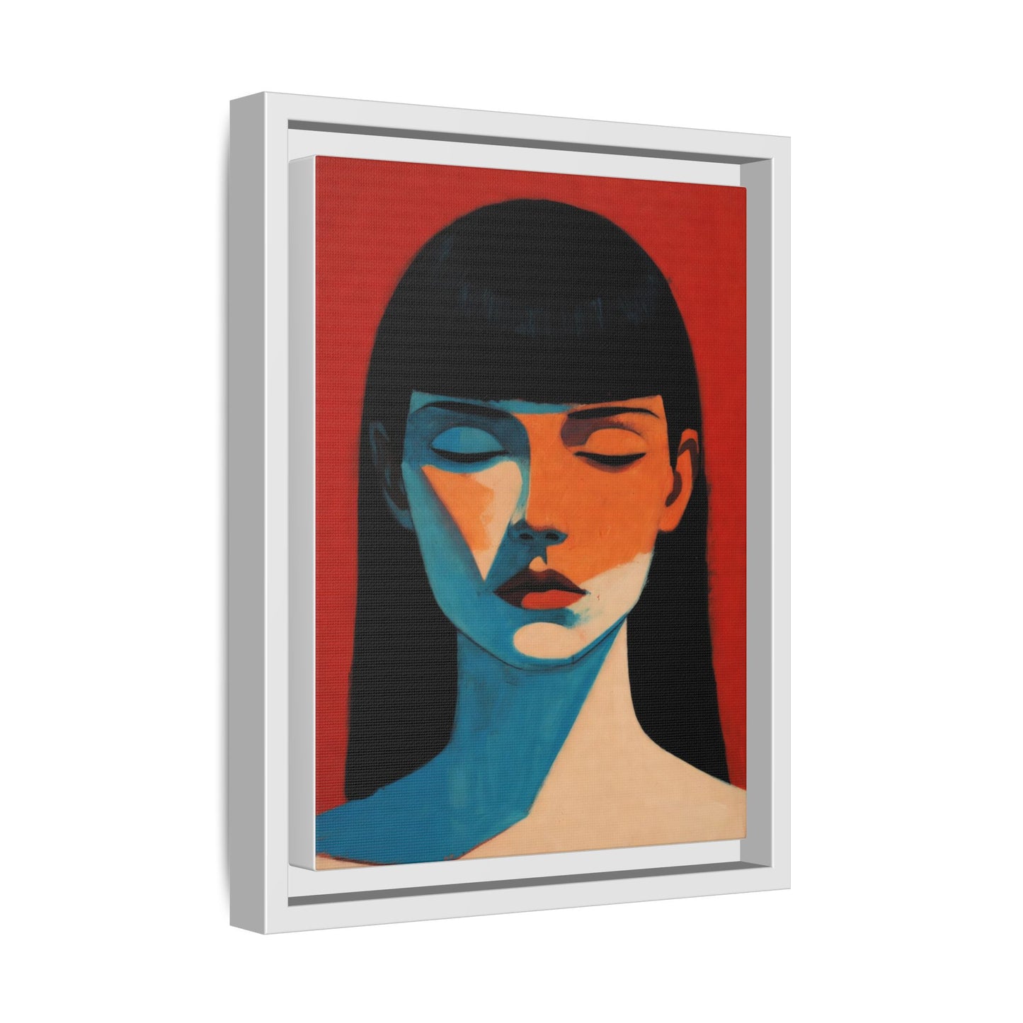 Framed Matte Canvas Art – Minimalist Portrait in Red & Teal