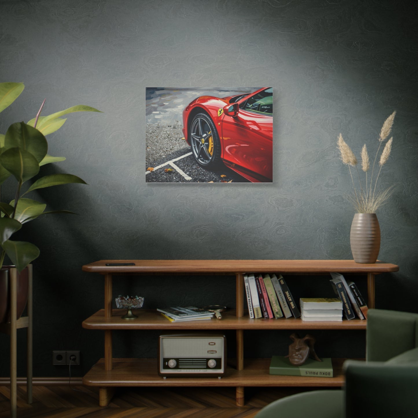 Red Sports Car Canvas Print — Ferrari Wheel Close-Up Matte Stretched Wall Art