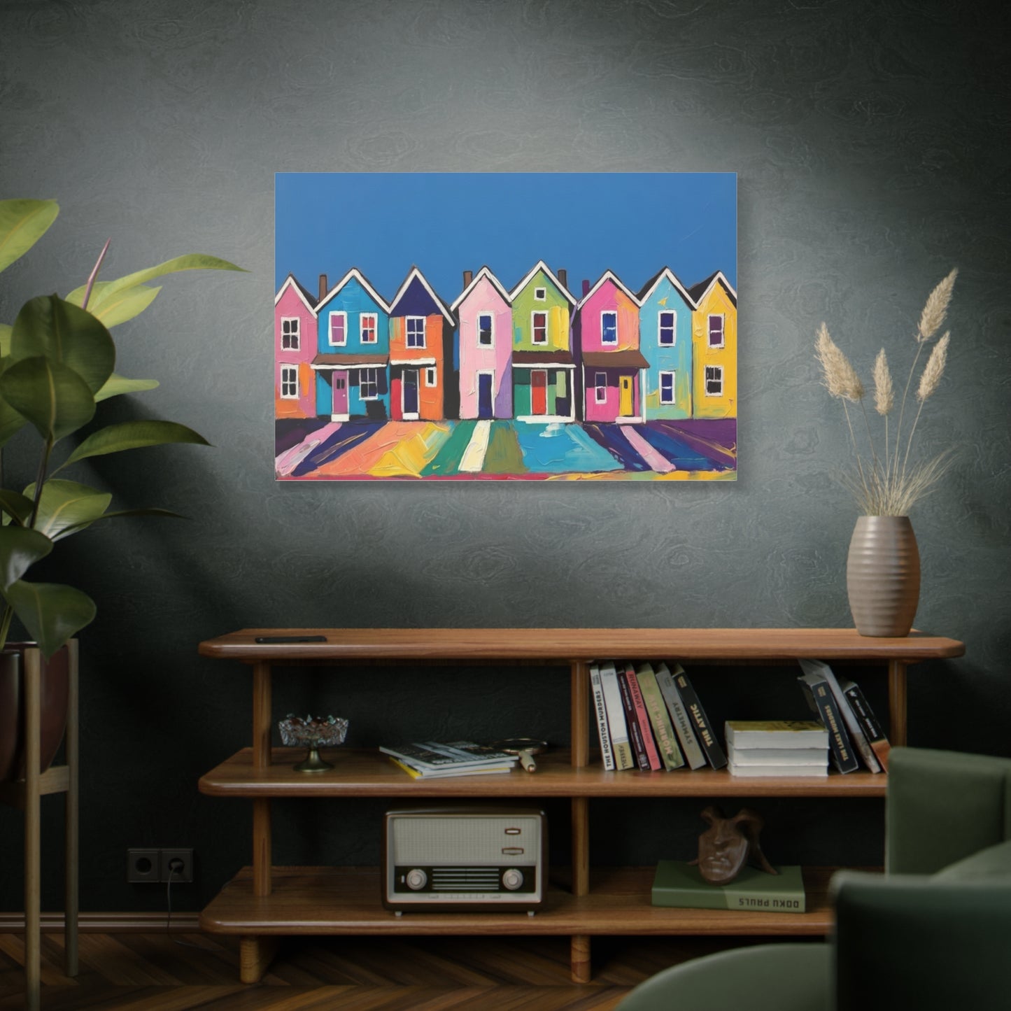 Colorful Row Houses Matte Canvas Print Vibrant Coastal Neighborhood Wall Art