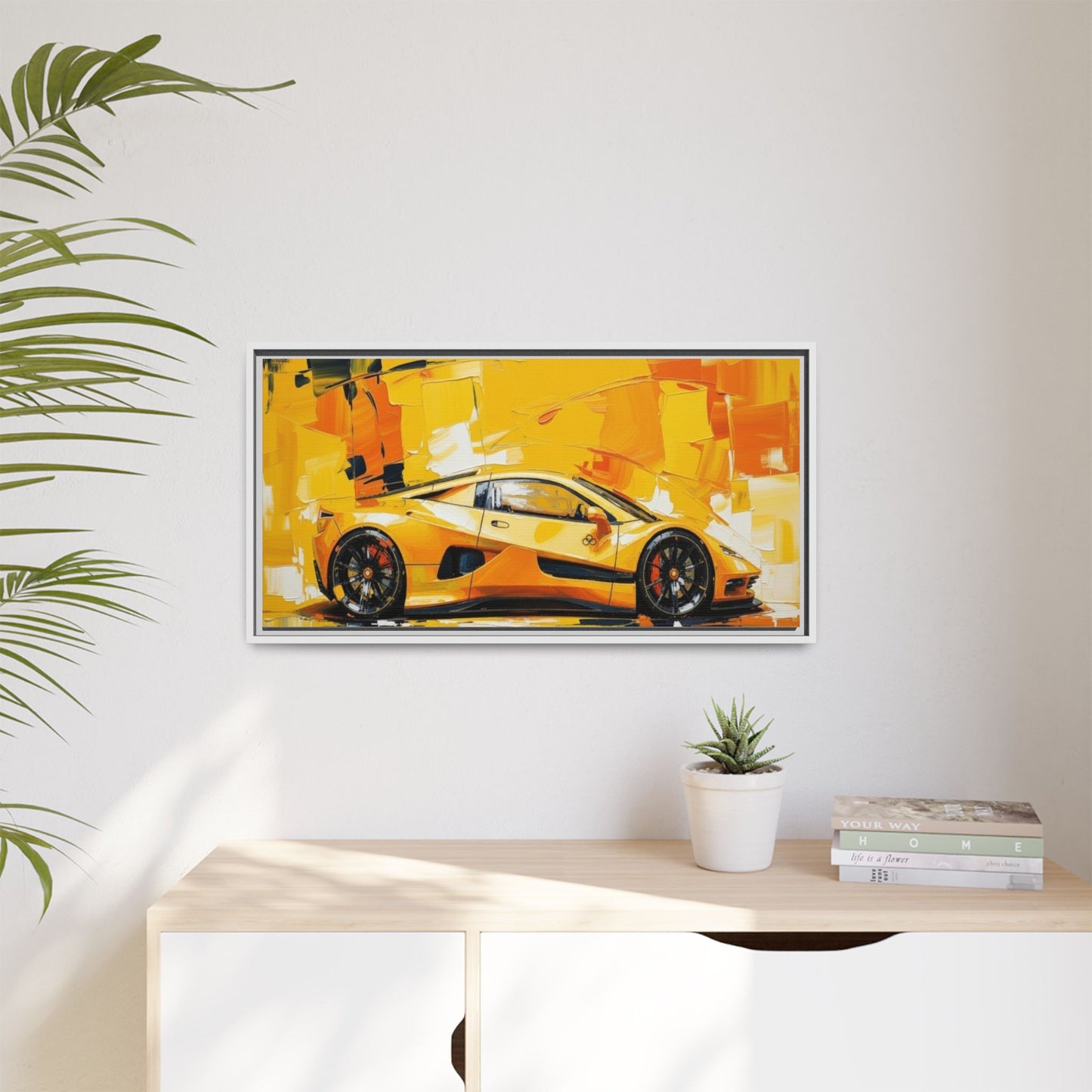 Yellow Sports Car Abstract Matte Canvas Framed Print