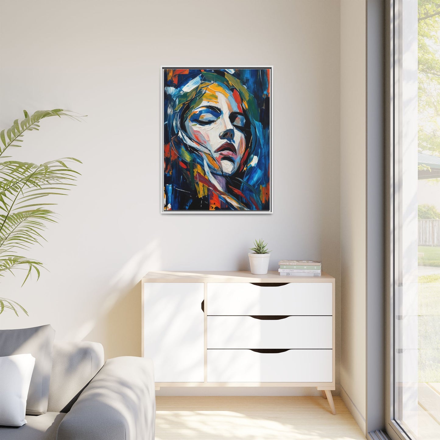 Abstract Colorful Woman Portrait — Framed Matte Canvas Wall Art