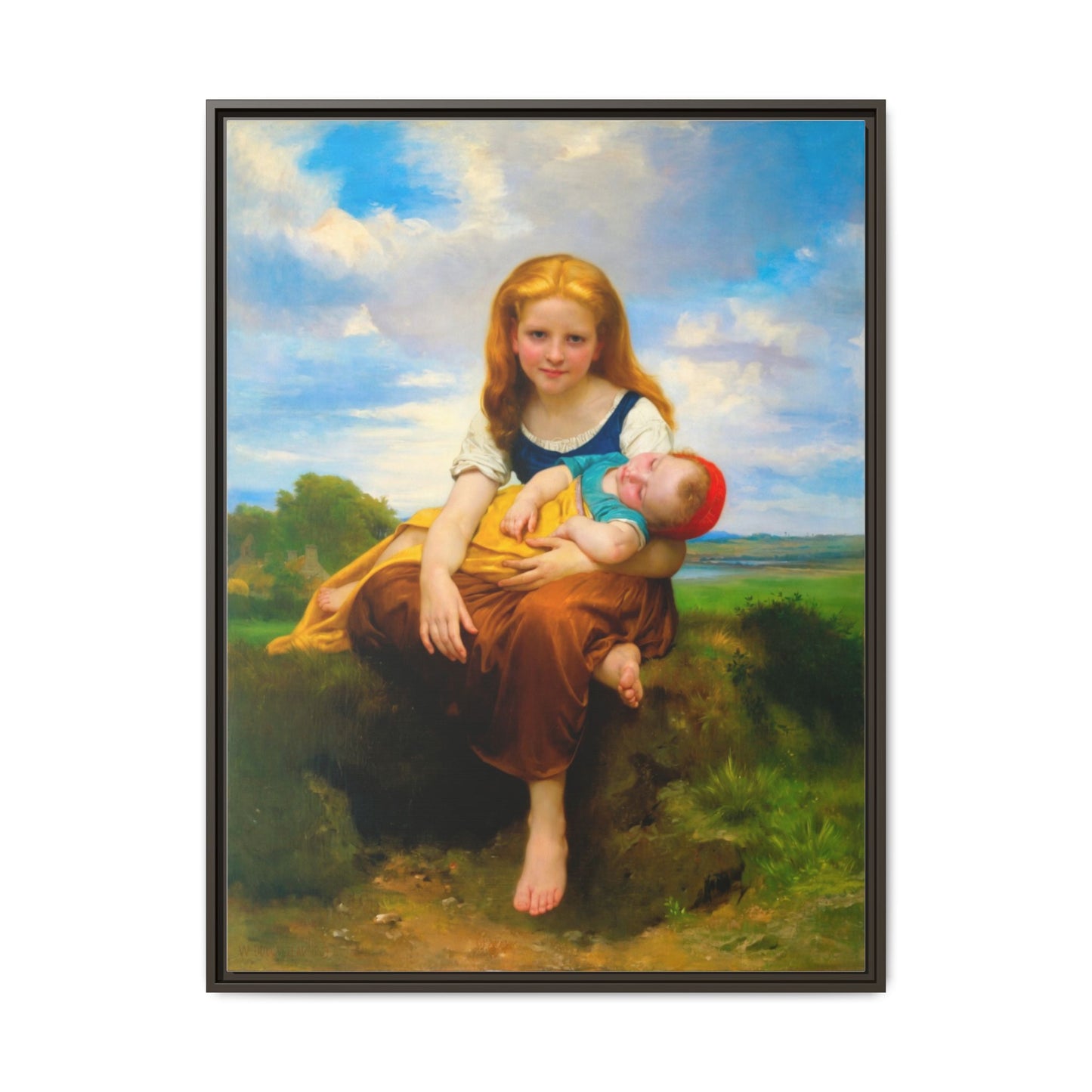 Young Girl Holding Sleeping Baby Canvas Print, Framed Wall Art