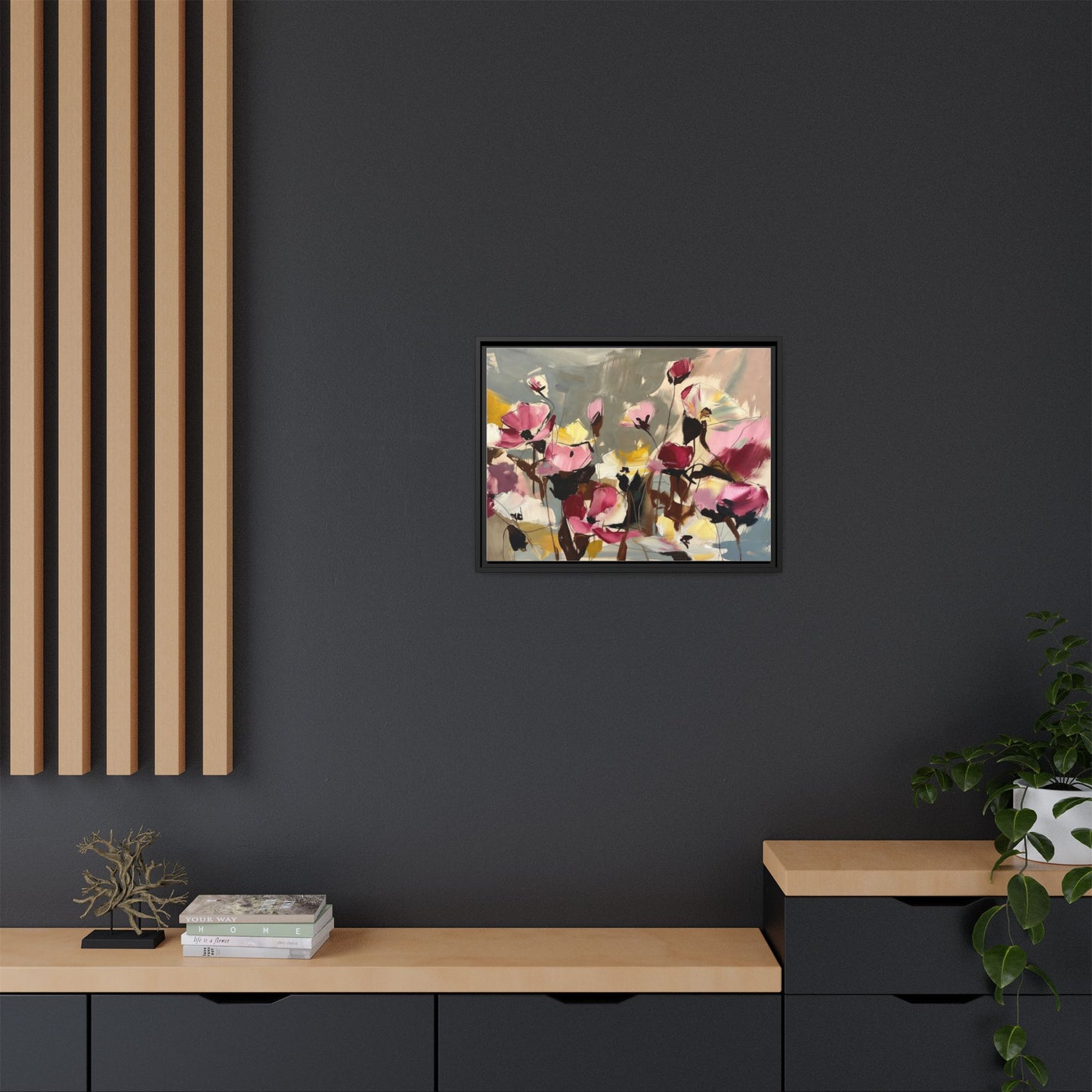 Framed Floral Canvas Wall Art — Abstract Pink & Yellow Flowers