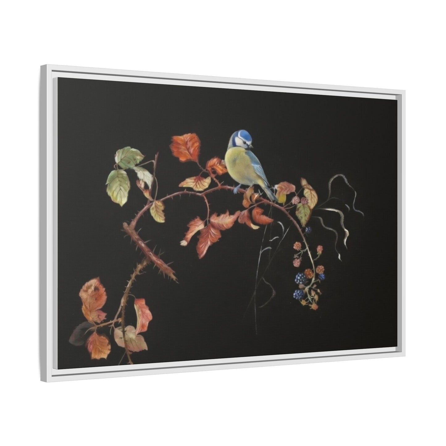 Framed Matte Canvas - Blue Tit on Autumn Branch Wall Art