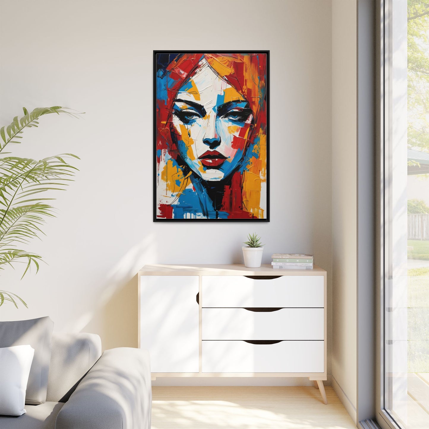 Framed Abstract Portrait Canvas — Colorful Female Face Wall Art