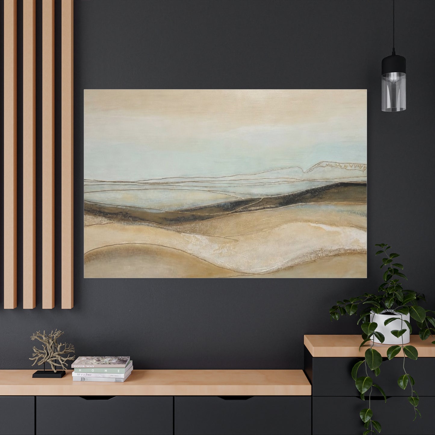 Abstract Coastal Landscape Matte Canvas Wall Art — Neutral Beach Waves Stretched Canvas