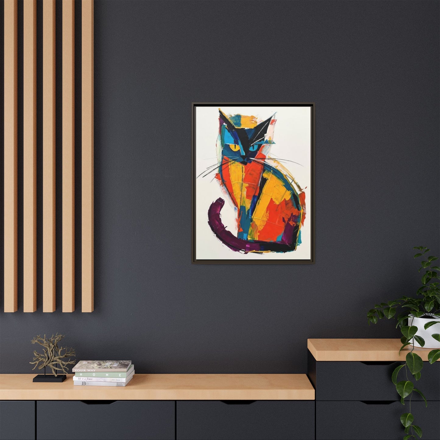 Colorful Abstract Cat Framed Canvas — Modern Matte Wall Art