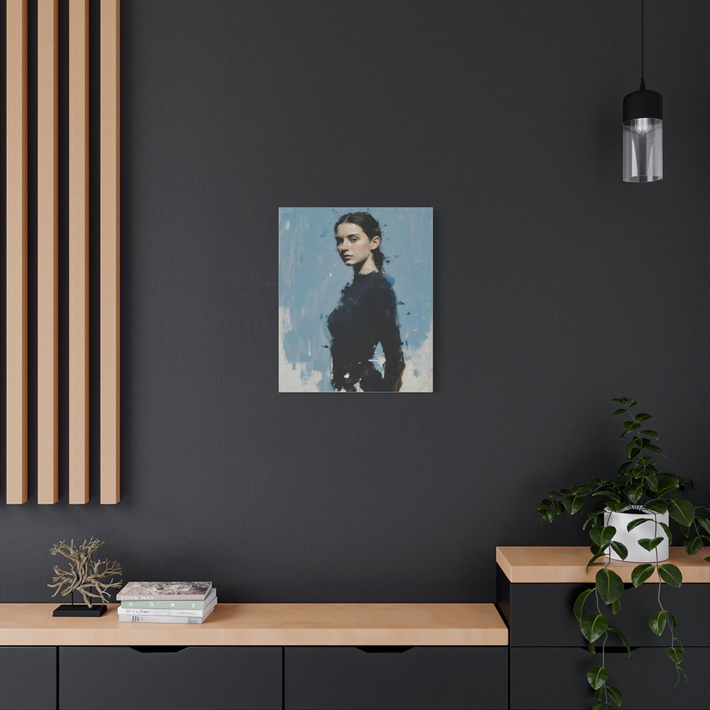 Matte Stretched Canvas Print — Portrait of a Young Woman, Moody Blue Figurative Art