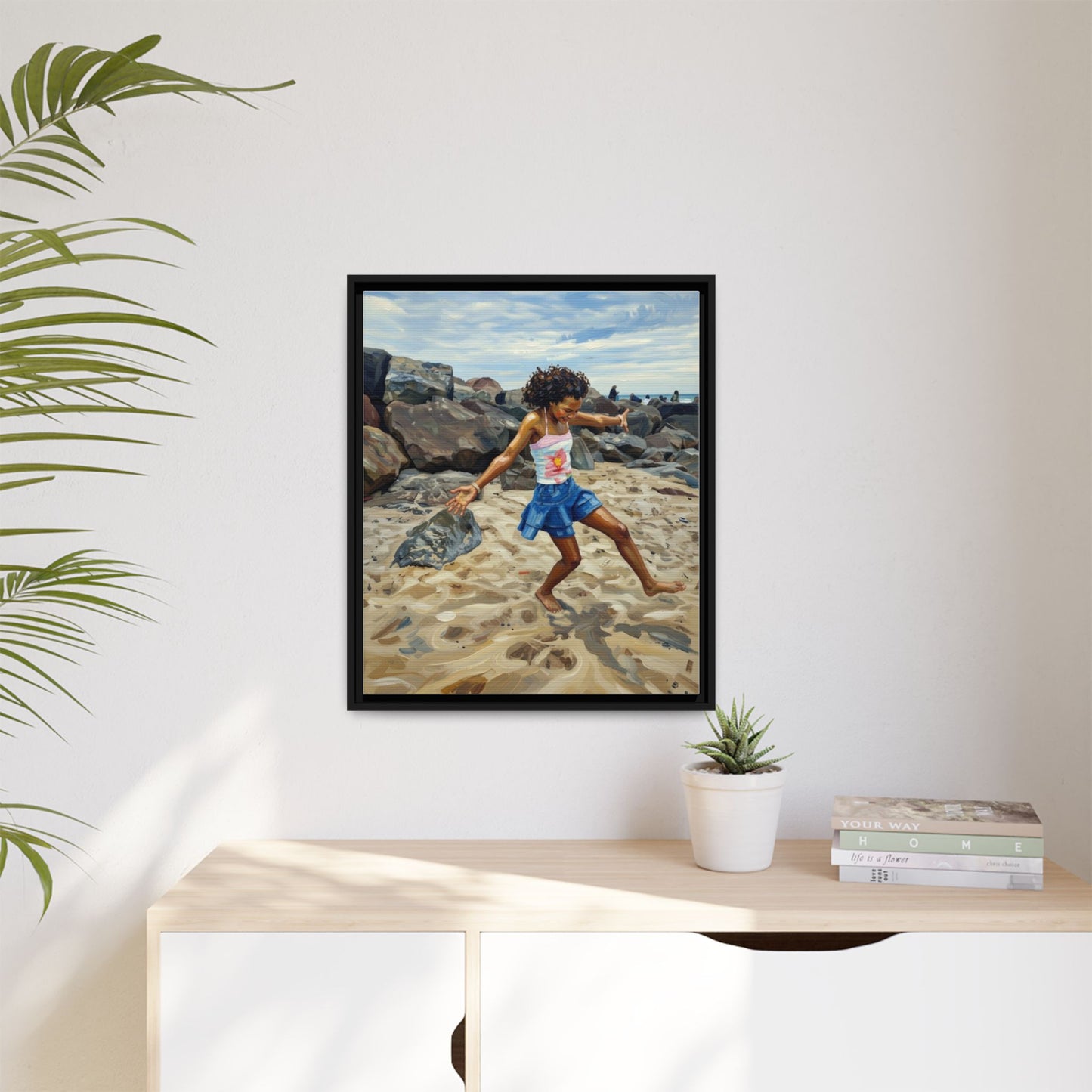 Framed Canvas Art - Girl Dancing on the Beach (Matte Multi-Color)