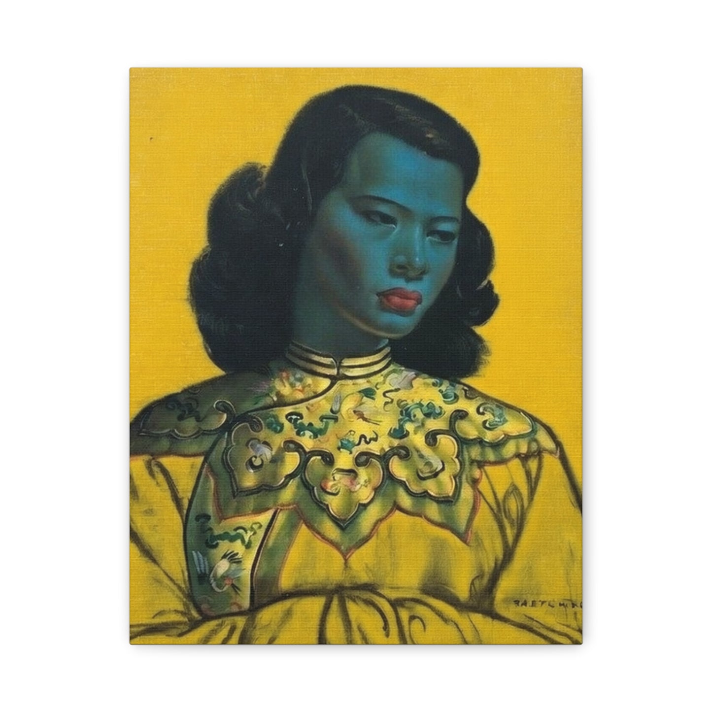 Vintage Portrait Canvas Print — Mid-Century Asian Woman Art on Yellow Background