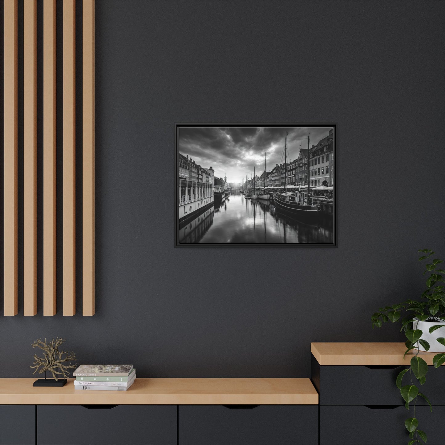 Framed Matte Canvas: Black & White Dutch Canal Photography Wall Art