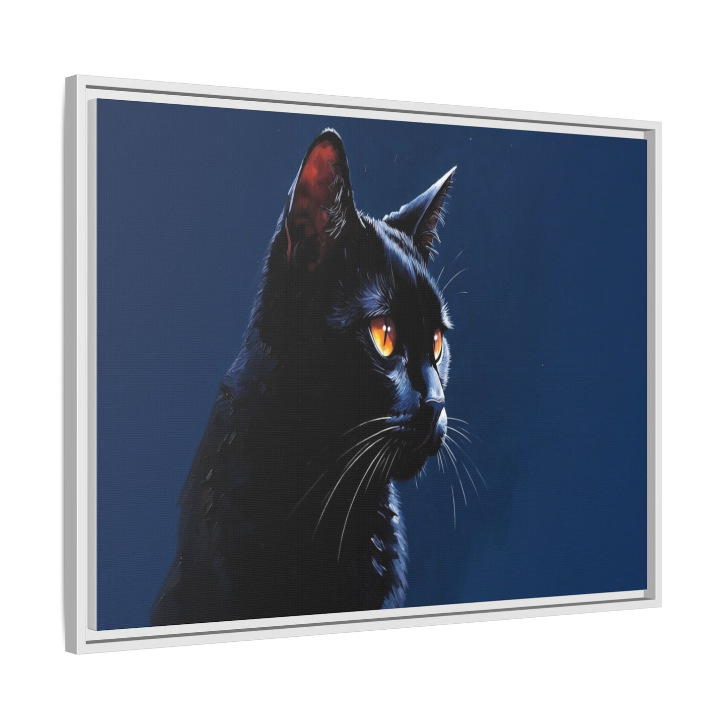 Black Cat Portrait Matte Canvas Framed Wall Art — Dramatic Feline Photo Print