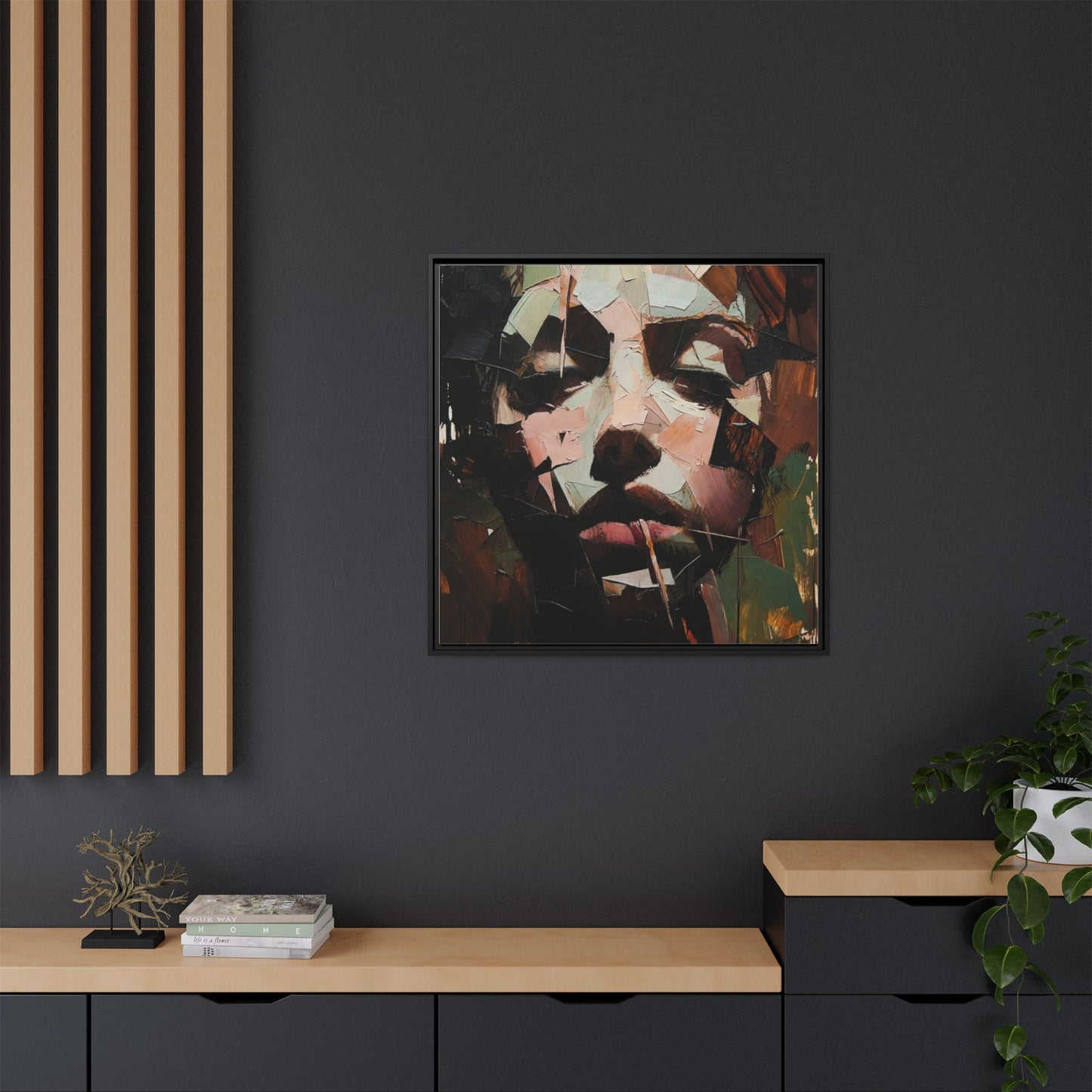 Matte Framed Canvas Art — Abstract Female Portrait, Moody Multicolor