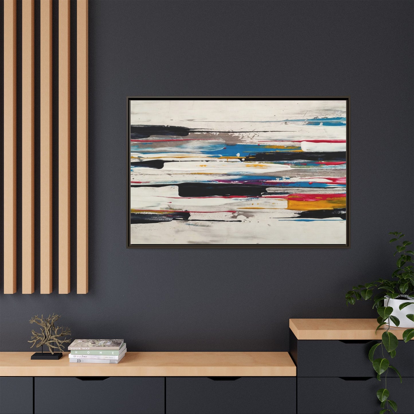 Abstract Multi-Color Framed Canvas Wall Art — Modern Horizontal Brushstroke Print
