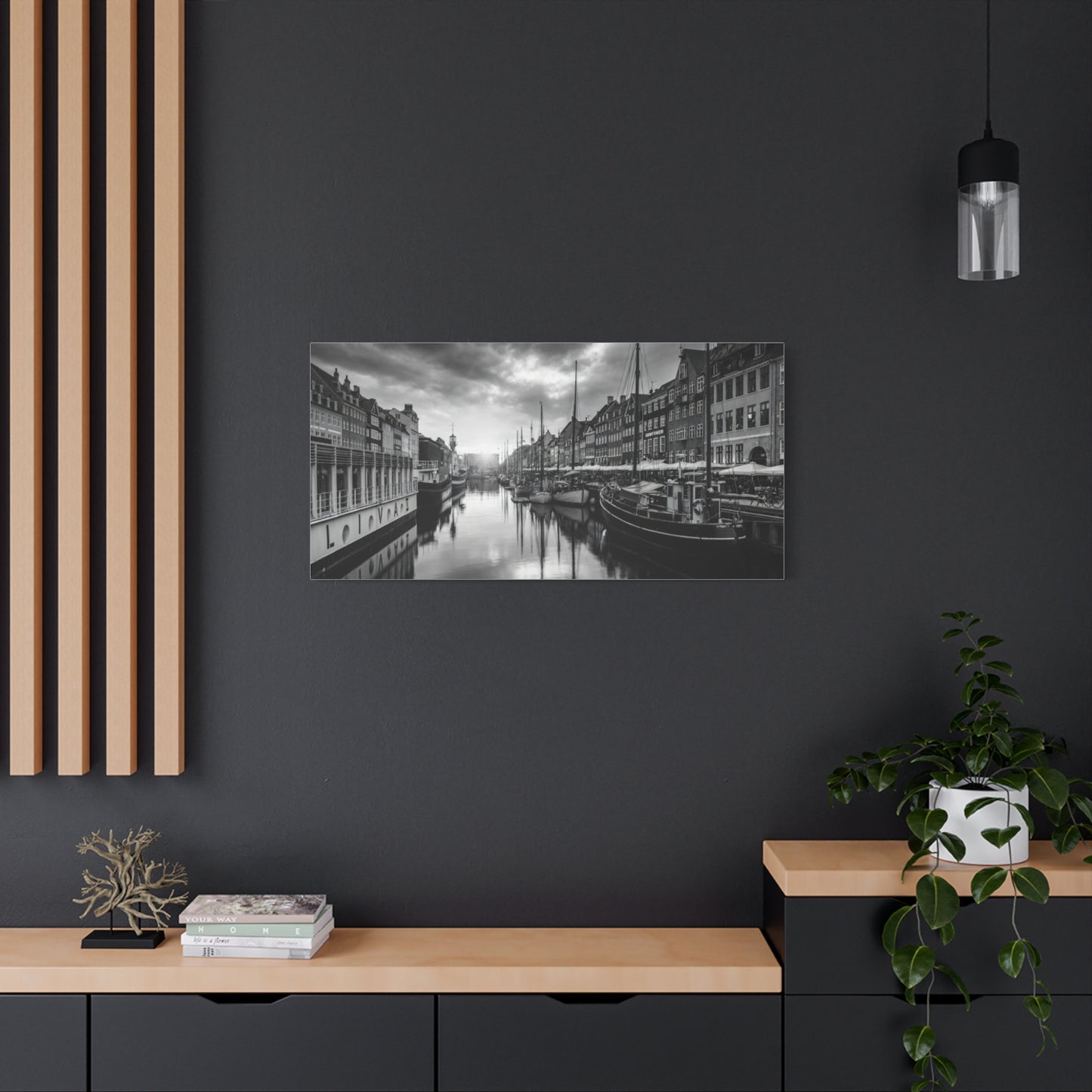 Black & White Harbor Canvas Print — Dramatic Copenhagen Cityscape Wall Art
