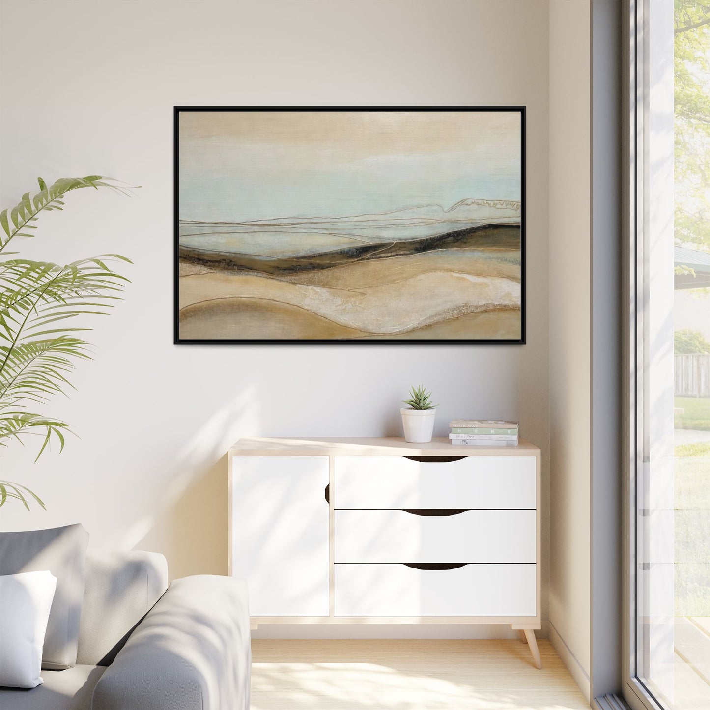 Framed Matte Canvas Wall Art — Neutral Abstract Landscape in Soft Blues & Earth Tones