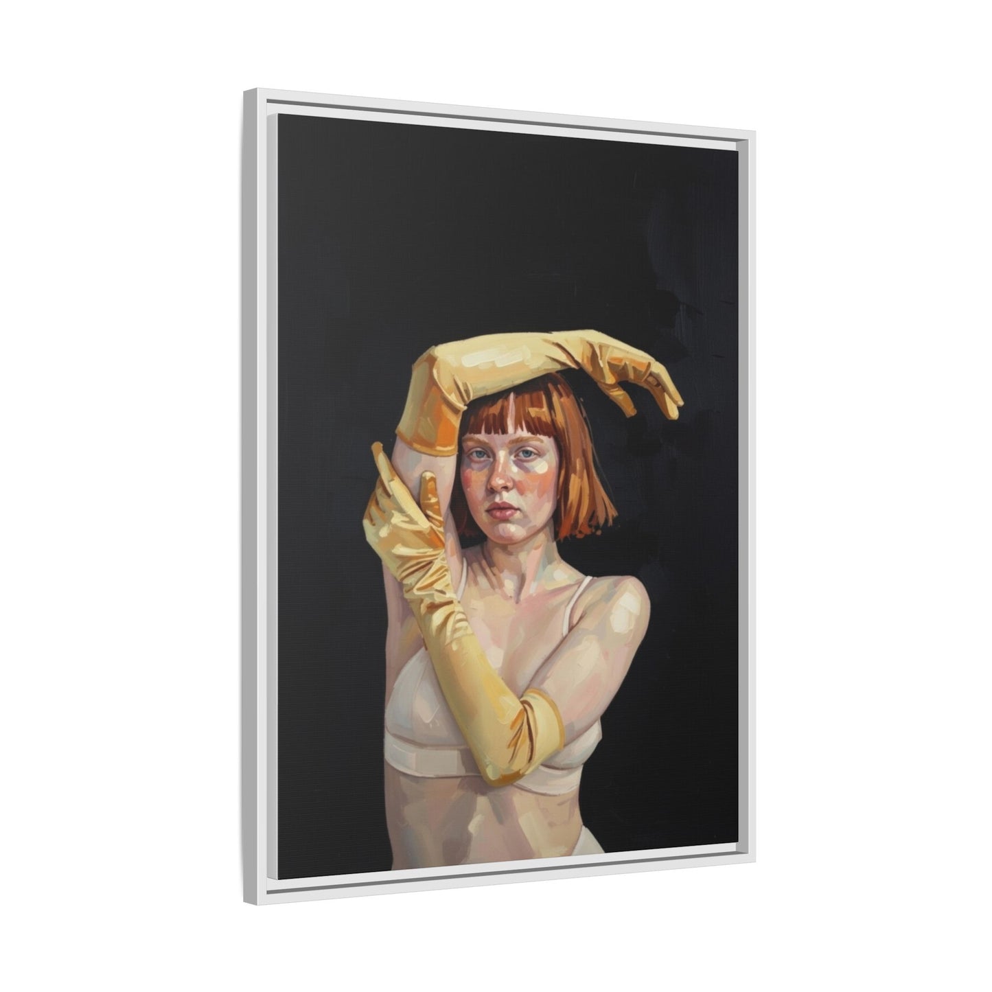 Framed Matte Canvas Art – Portrait of Woman in Yellow Gloves