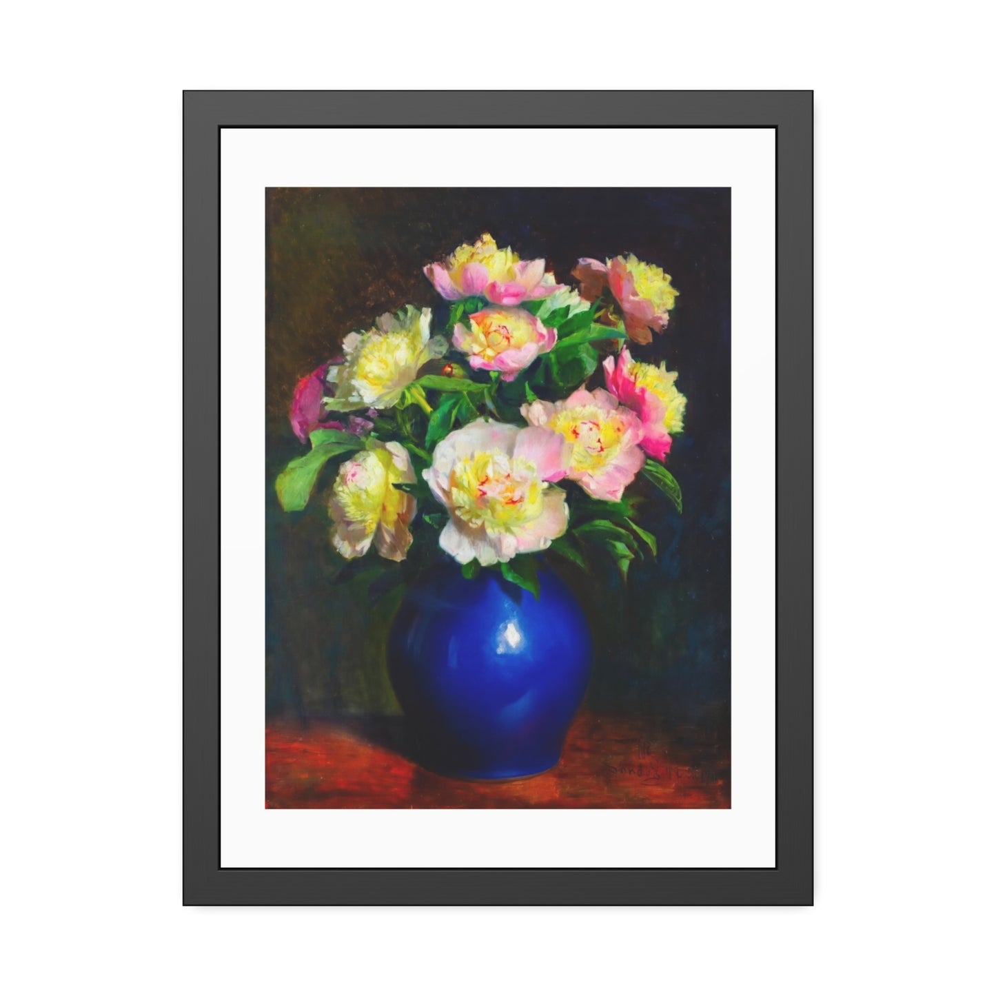 Framed Floral Poster — Pink Peonies in Blue Vase Wall Art