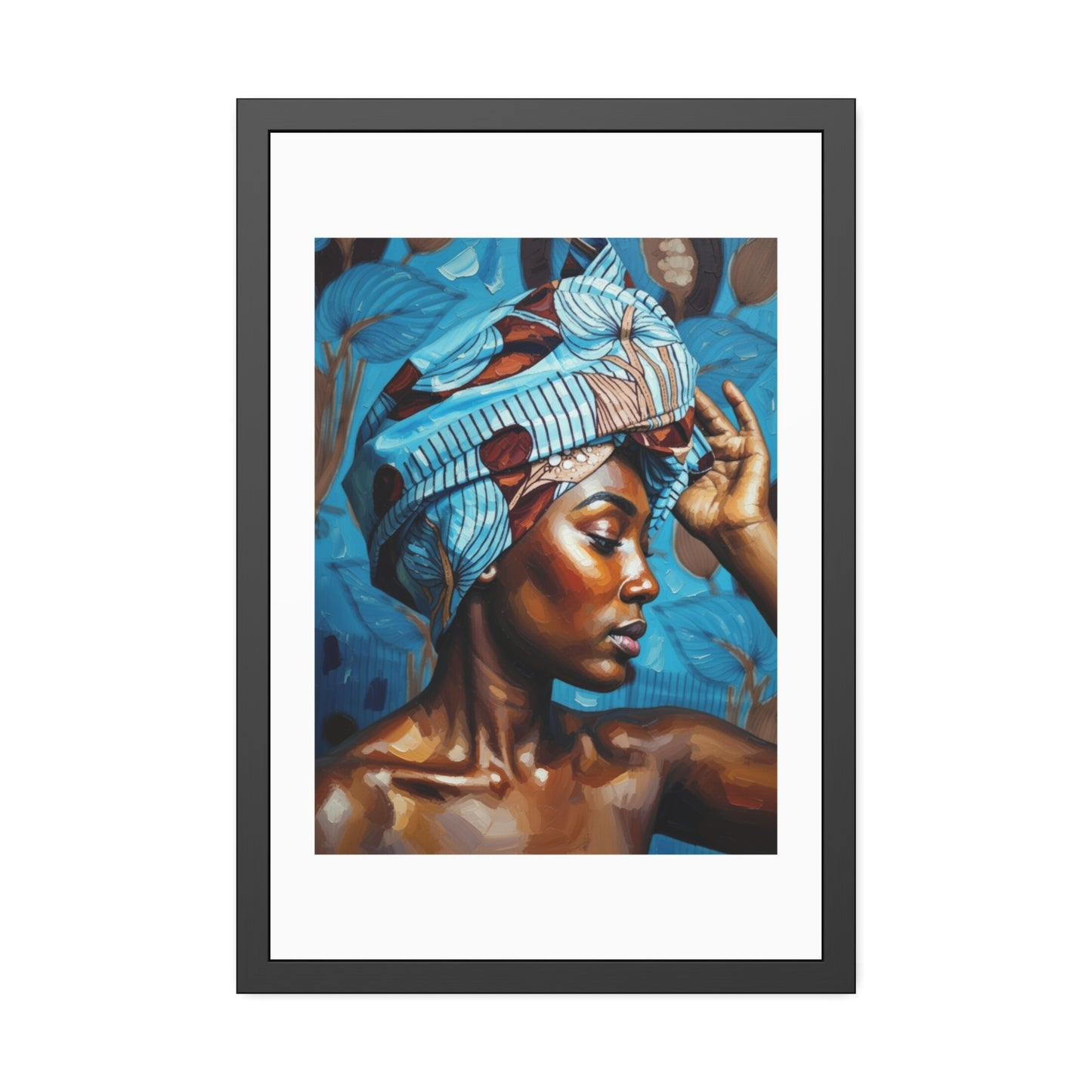 Framed Art Print — Portrait of Woman with Blue Headwrap (Gallery Wall Decor)