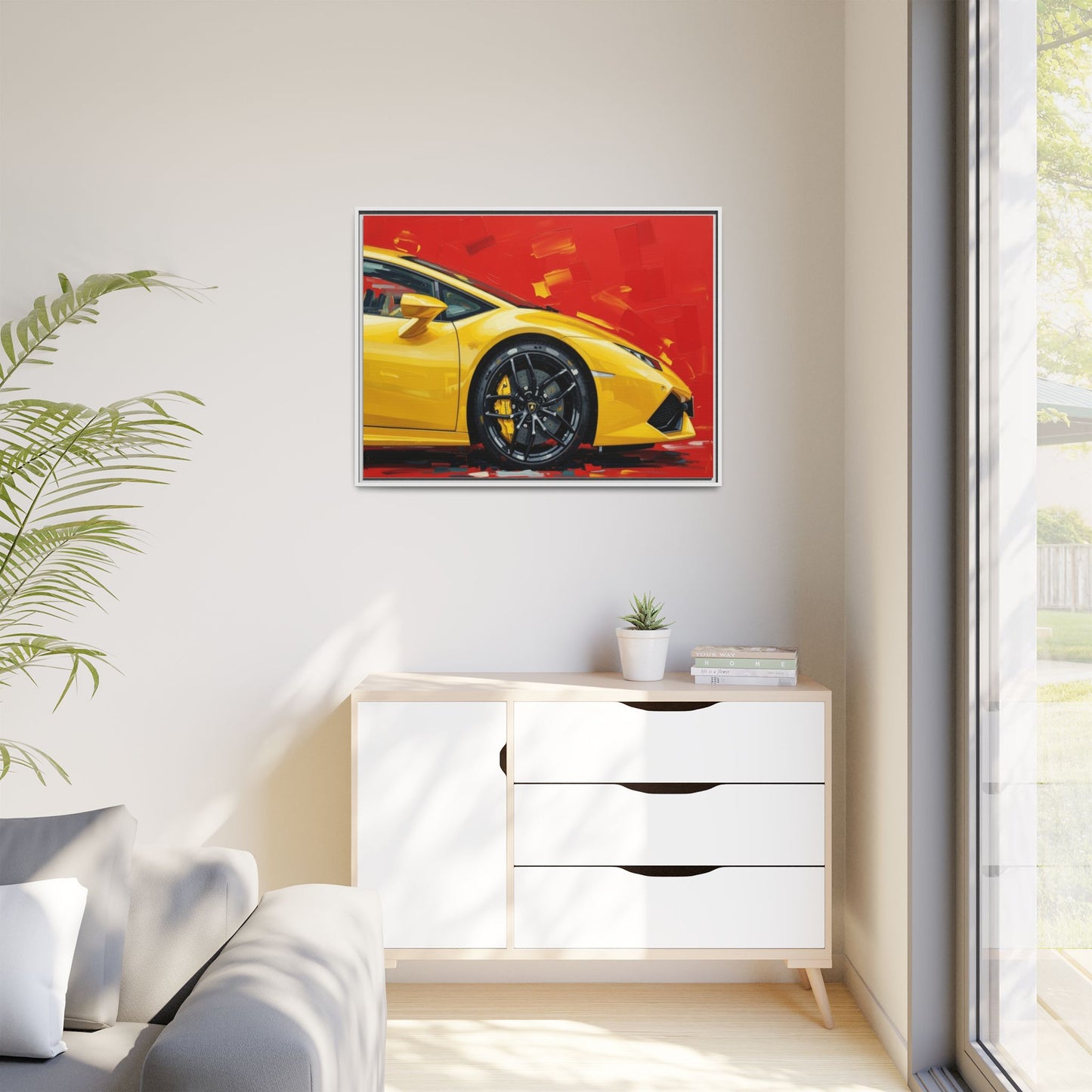 Yellow Sports Car Matte Canvas Print — Framed Automotive Wall Art
