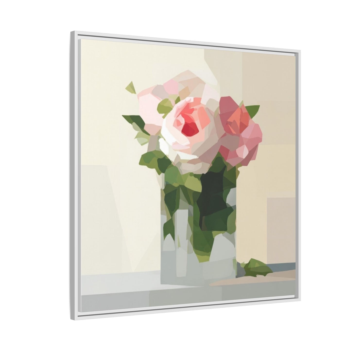 Framed Floral Canvas Print — Geometric Pink Rose Wall Art