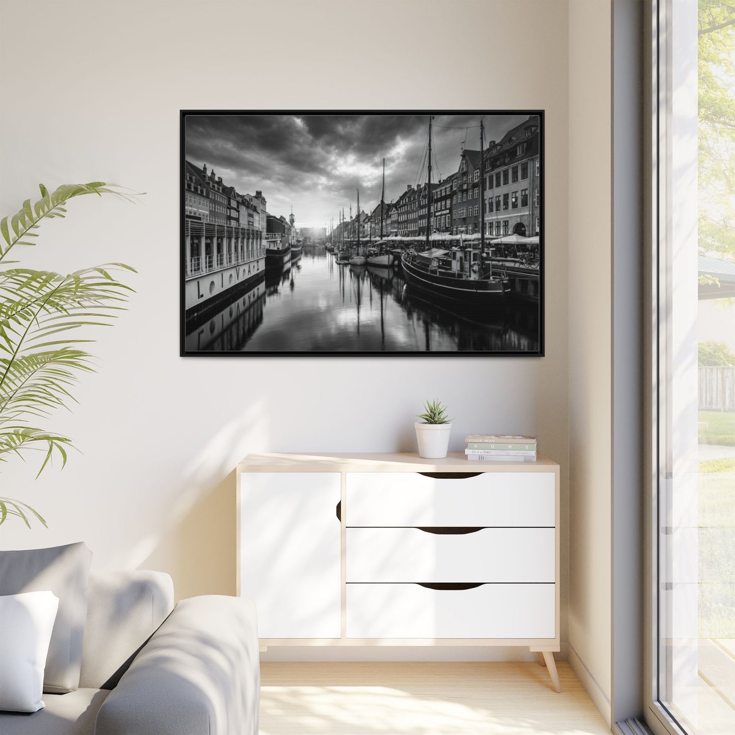 Framed Matte Canvas: Black & White Dutch Canal Photography Wall Art