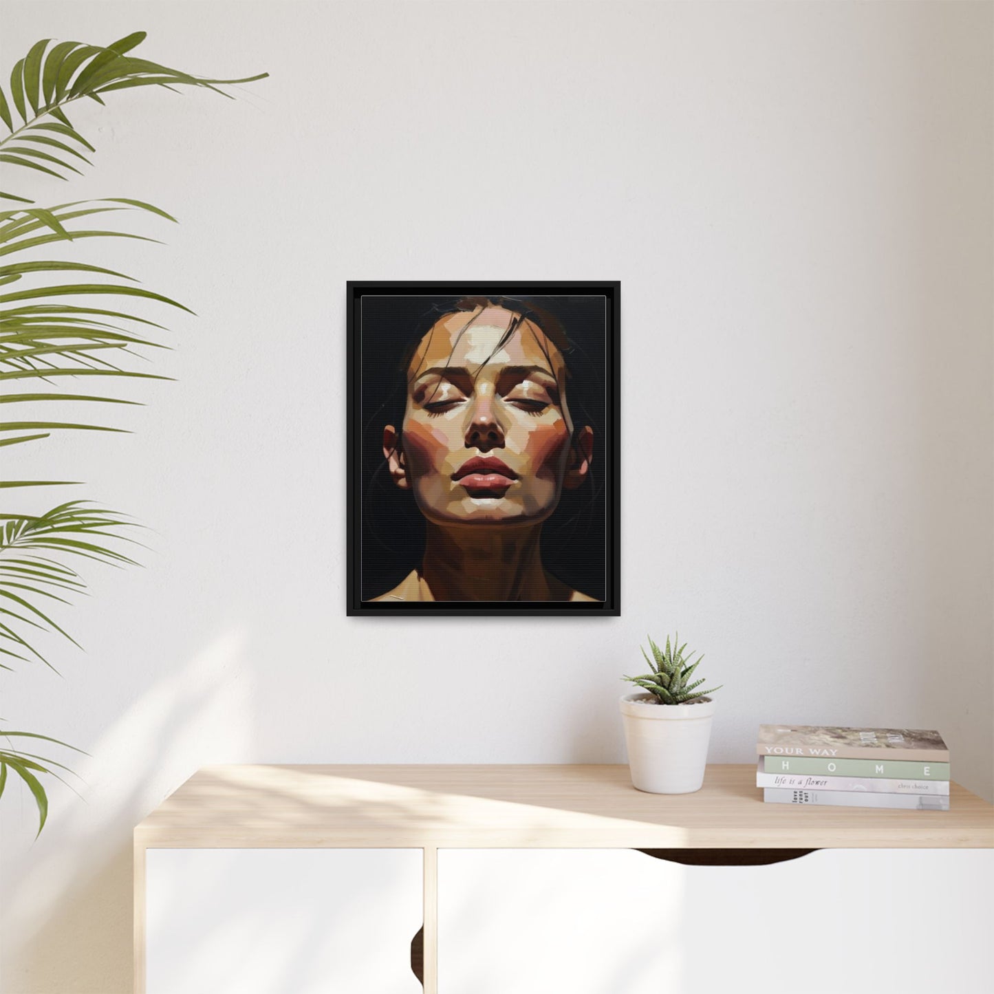 Framed Matte Canvas Portrait – Woman with Eyes Closed (Multi‑Color)