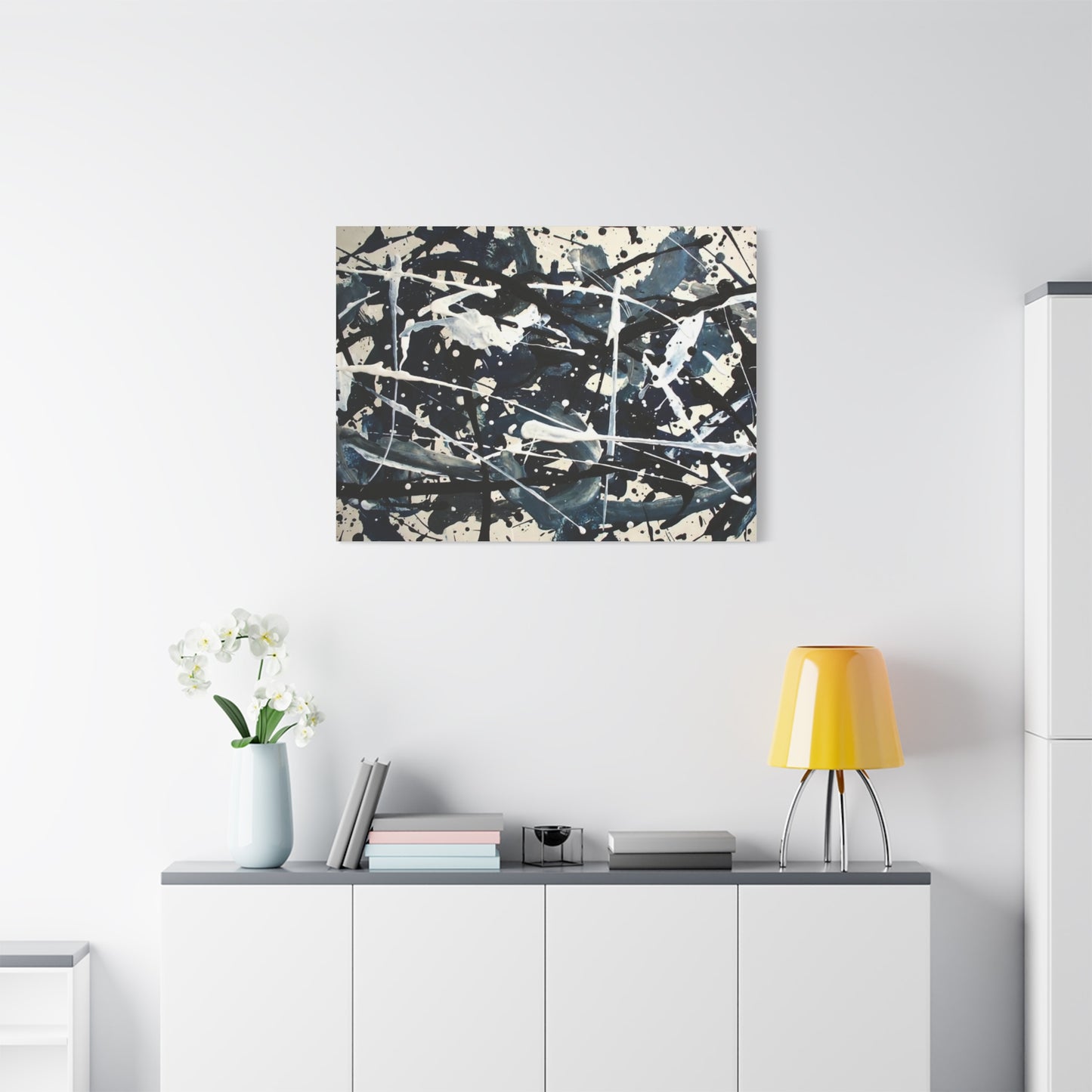 Abstract Drip Painting Canvas Print — Blue & Black Modern Wall Art (Matte Stretched)