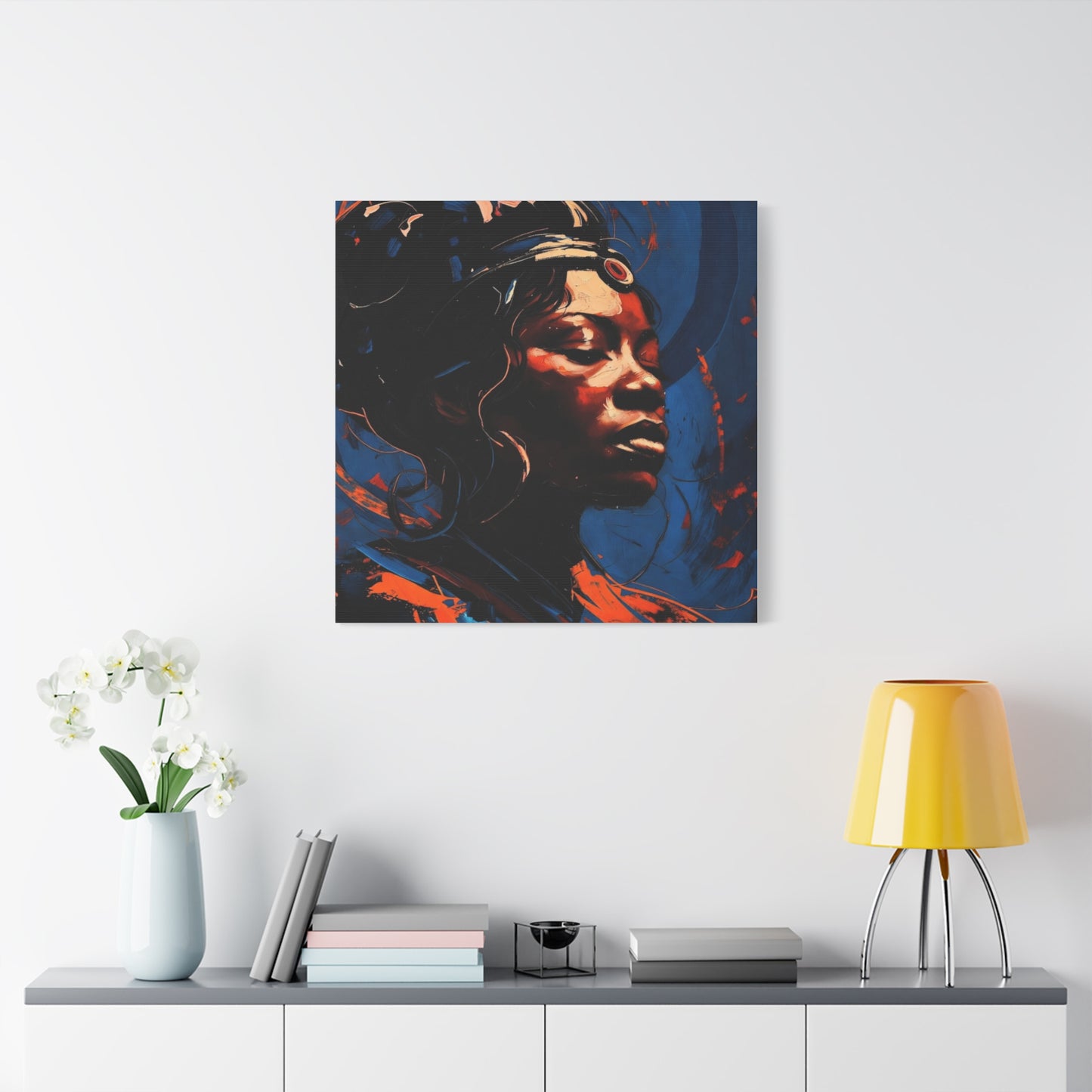 Regal Afrocentric Portrait Matte Canvas Art – Vibrant Blue & Orange Stretched Wall Decor