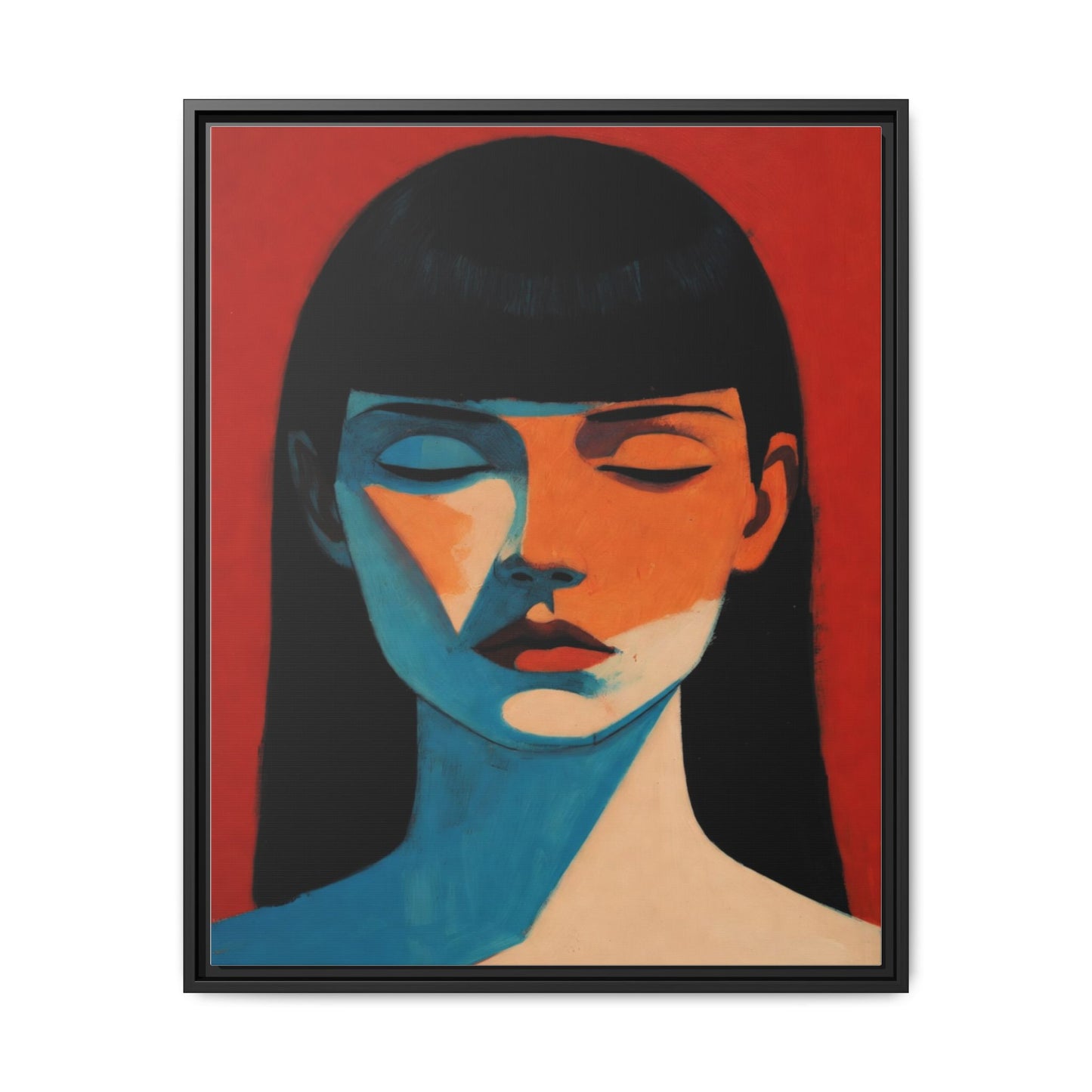 Framed Matte Canvas Art – Minimalist Portrait in Red & Teal