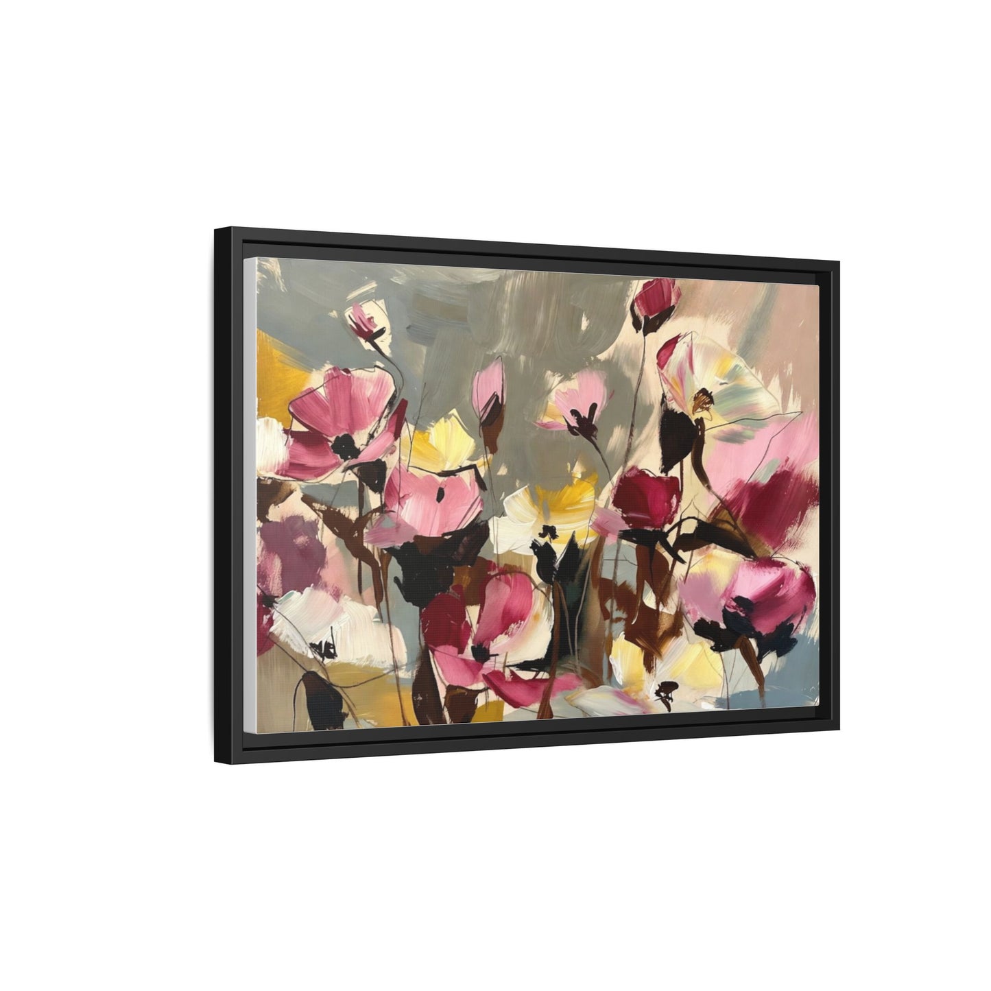 Framed Floral Canvas Wall Art — Abstract Pink & Yellow Flowers