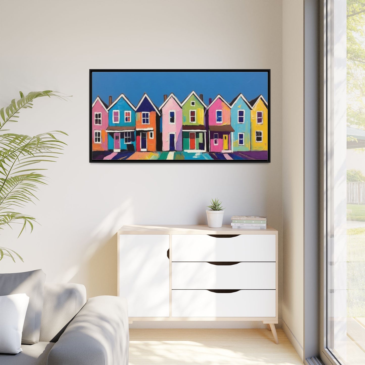 Colorful Beach Houses Matte Canvas Framed Wall Art