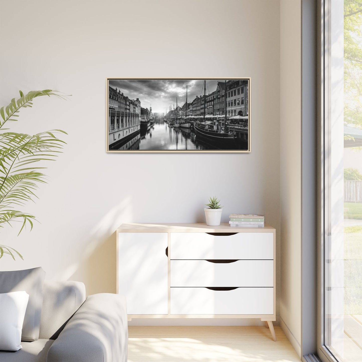 Framed Matte Canvas: Black & White Dutch Canal Photography Wall Art