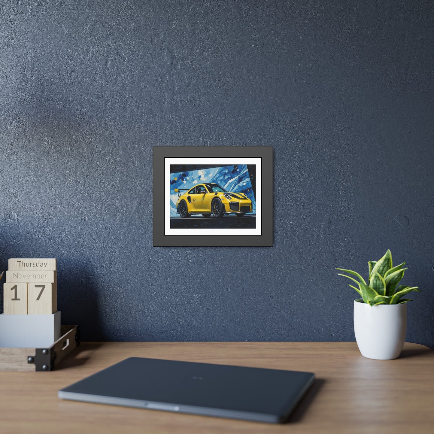 Framed Poster - Yellow Porsche Sports Car Art Print (Modern Automotive Wall Decor)
