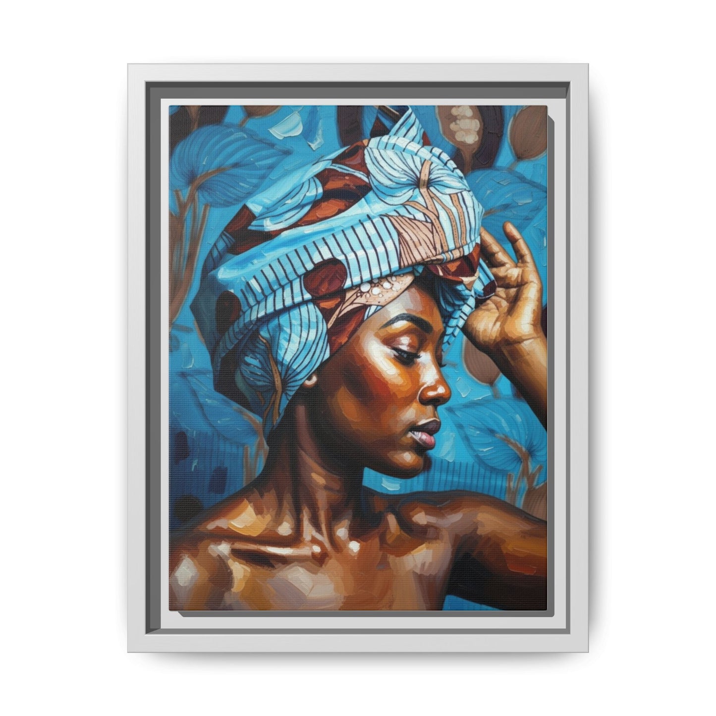 Framed Canvas Art — Portrait of Woman in Blue Headwrap