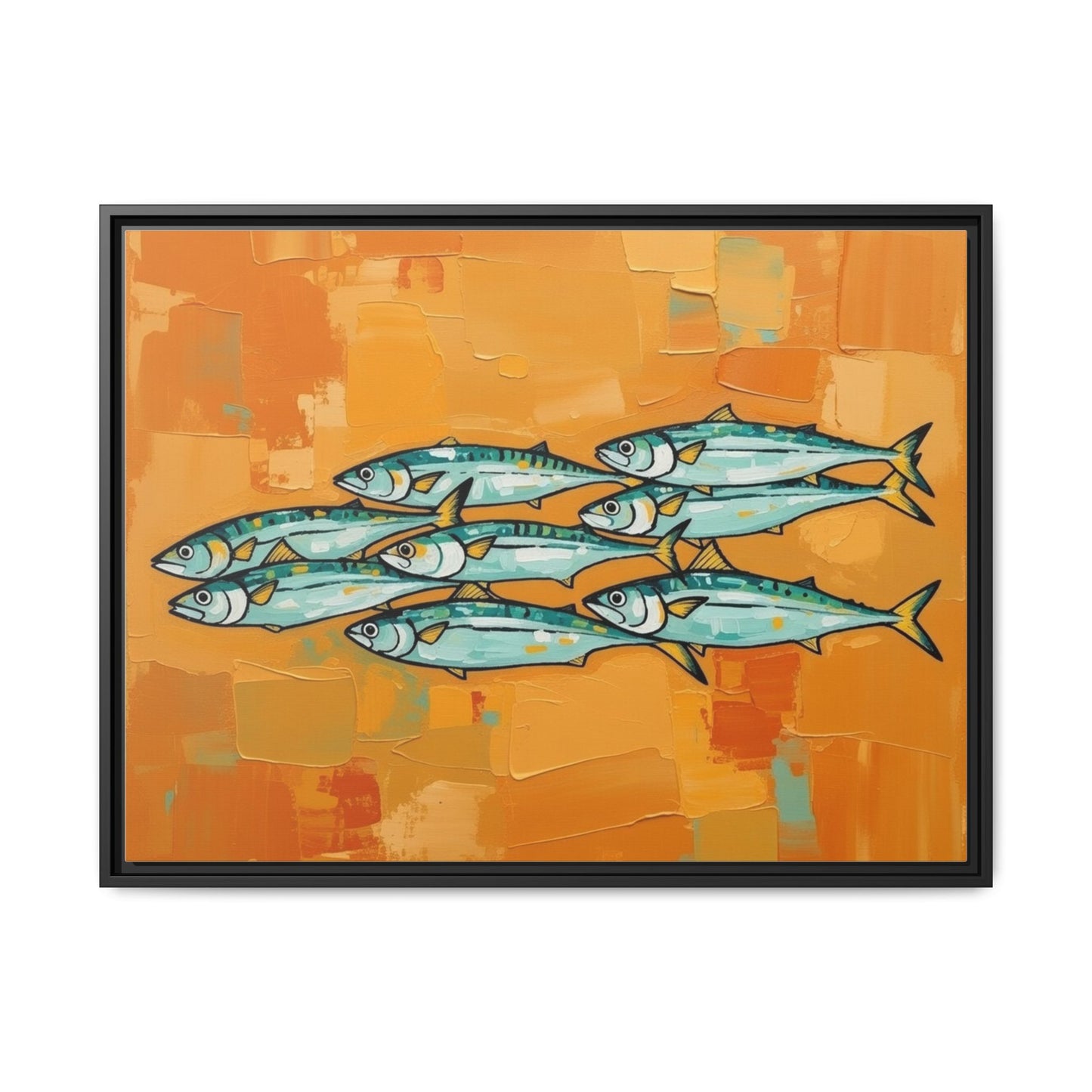 Framed Matte Canvas Print — School of Blue Fish on Orange Abstract Background
