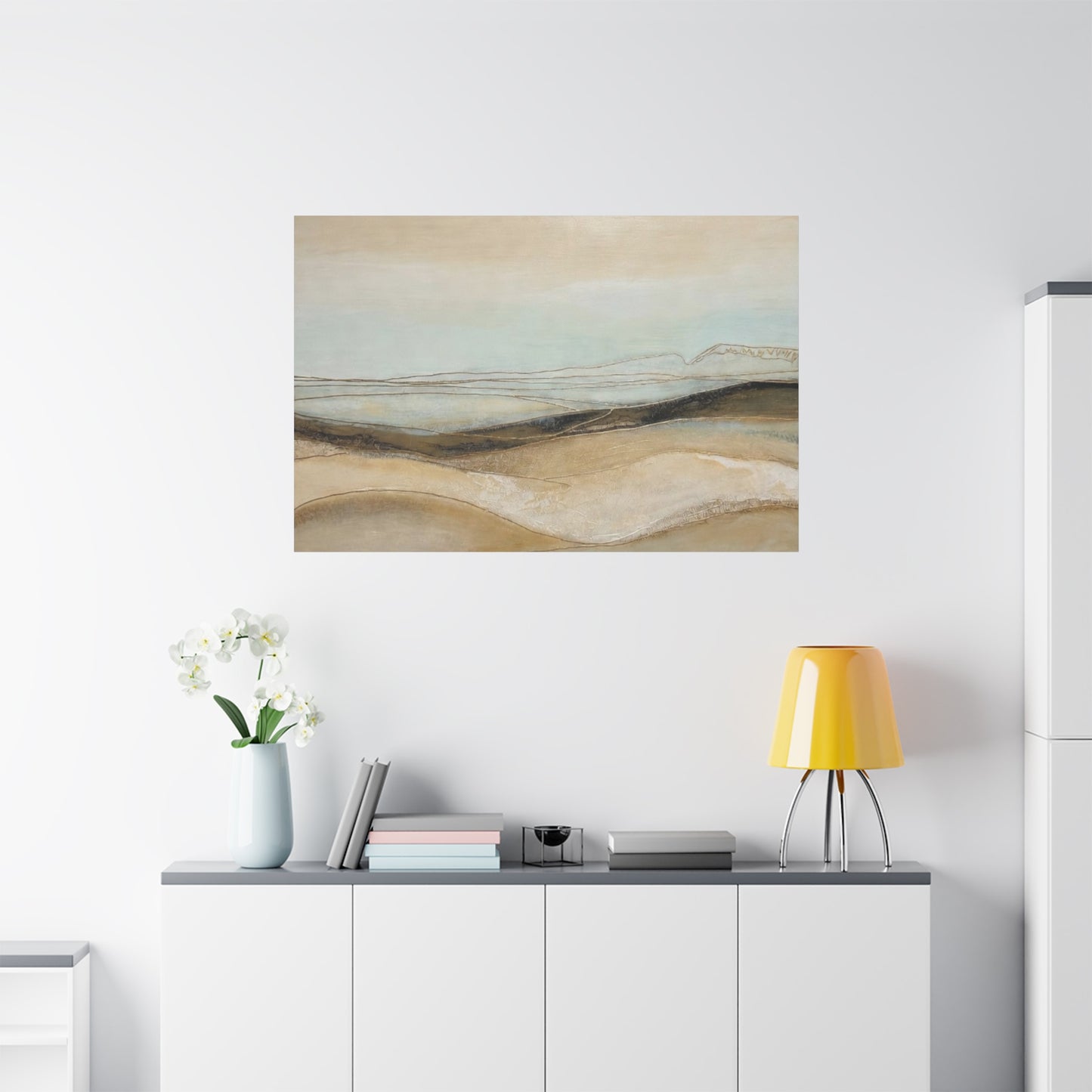 Abstract Coastal Landscape Matte Canvas Wall Art — Neutral Beach Waves Stretched Canvas