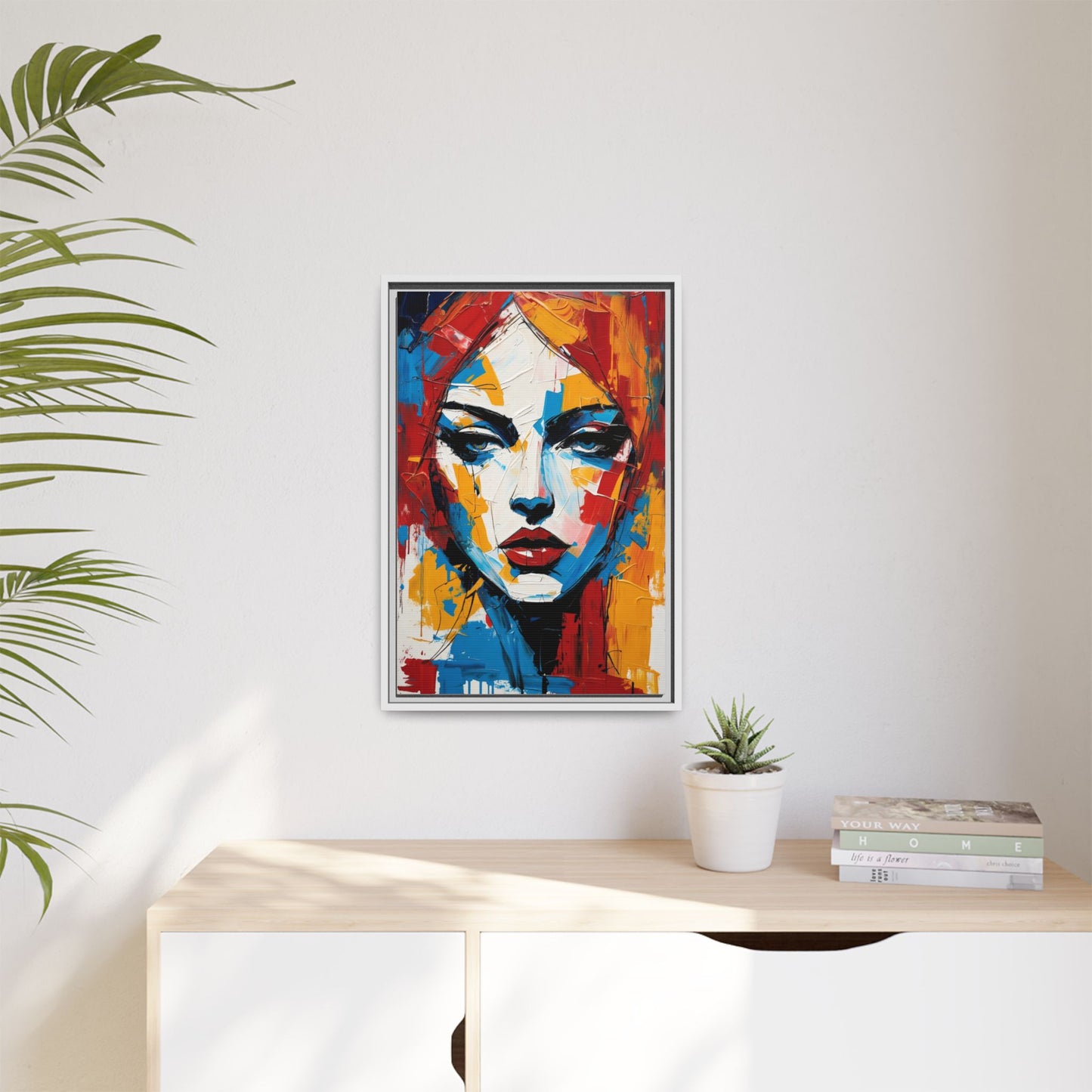 Framed Abstract Portrait Canvas — Colorful Female Face Wall Art