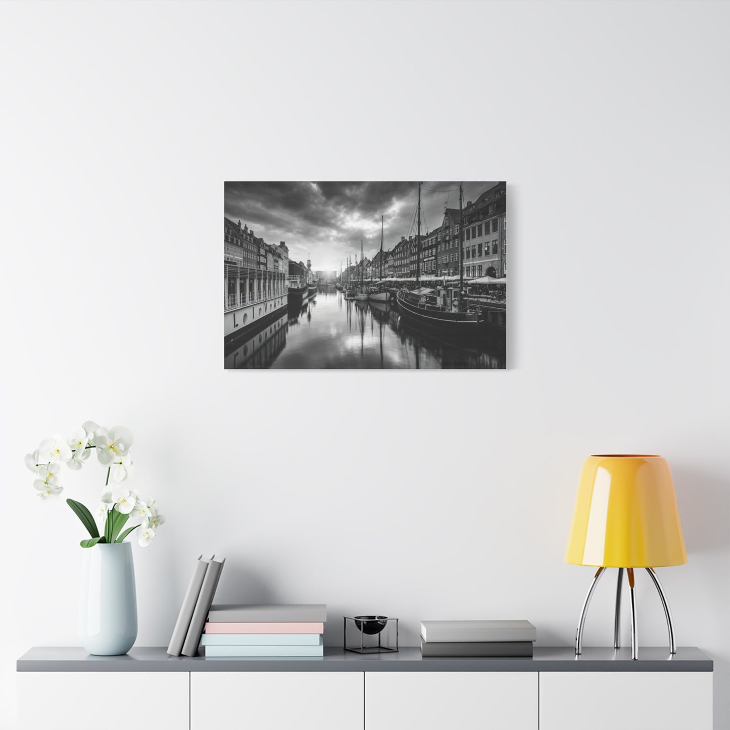 Black & White Harbor Canvas Print — Dramatic Copenhagen Cityscape Wall Art