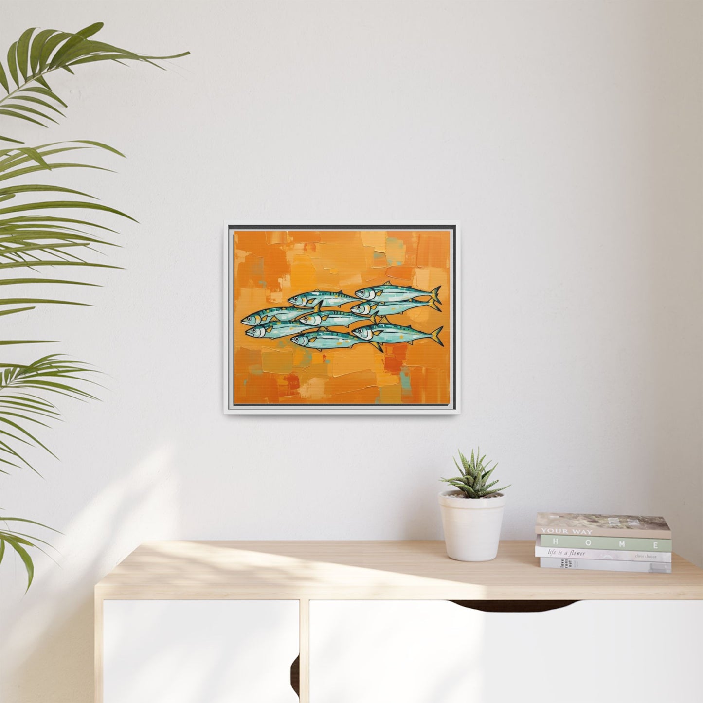 Framed Matte Canvas Print — School of Blue Fish on Orange Abstract Background