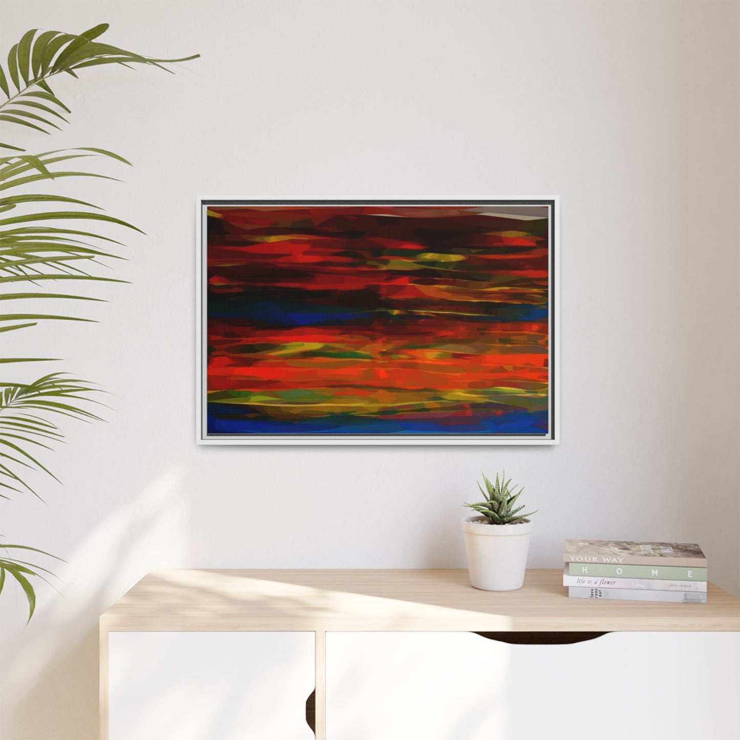 Abstract Multi-Color Matte Canvas Framed Wall Art — Bold Red & Blue Modern Painting