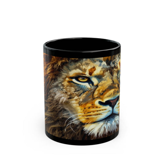 Lion Portrait Black Ceramic Mug — Majestic Wildlife Coffee Cup (11oz, 15oz)