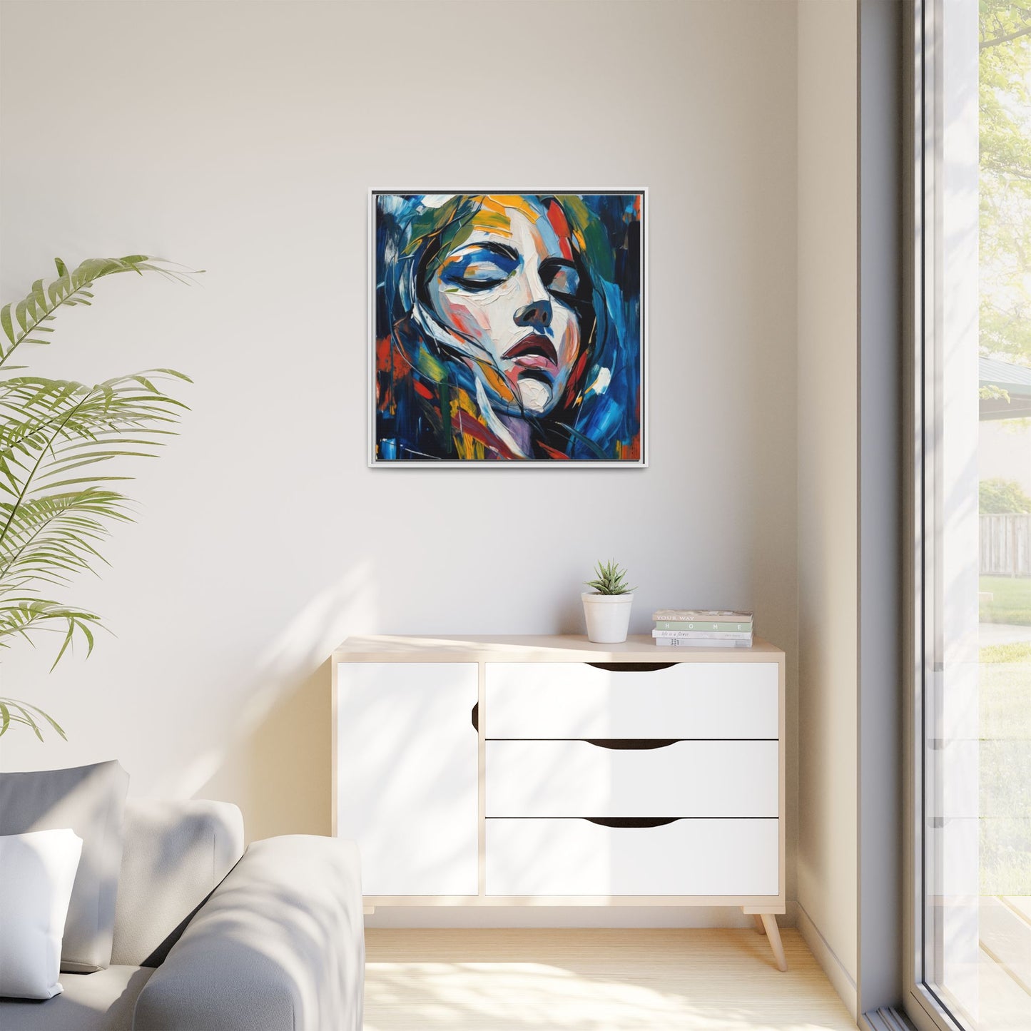 Abstract Colorful Woman Portrait — Framed Matte Canvas Wall Art